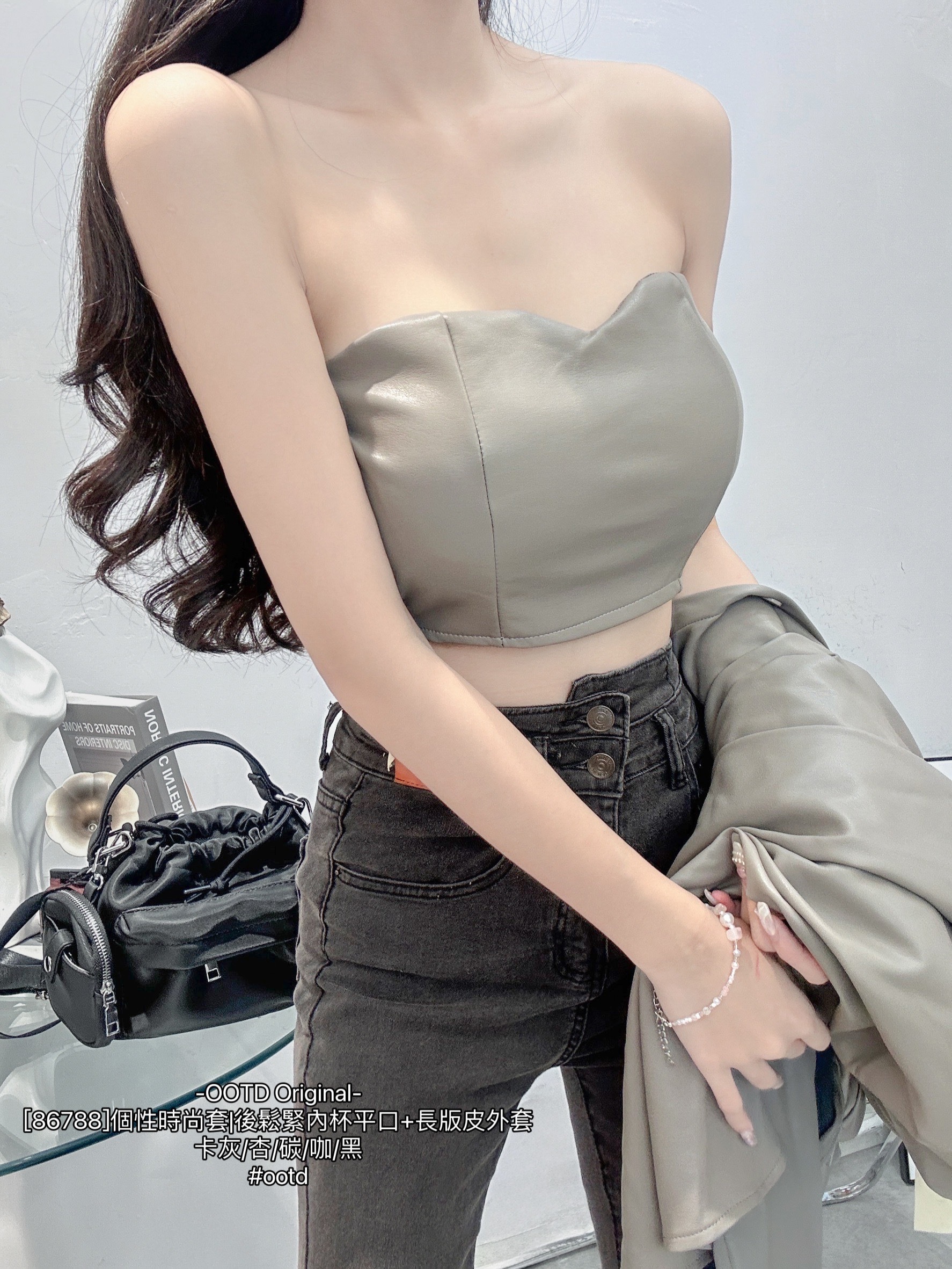 [86788]個性時尚套後鬆緊內杯平口+長版皮外套 (5)