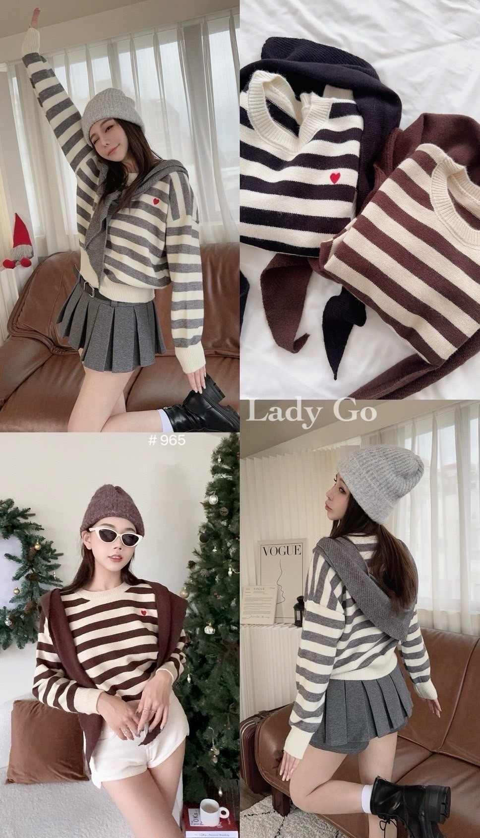 965愛心刺繡針織條紋上衣+披肩