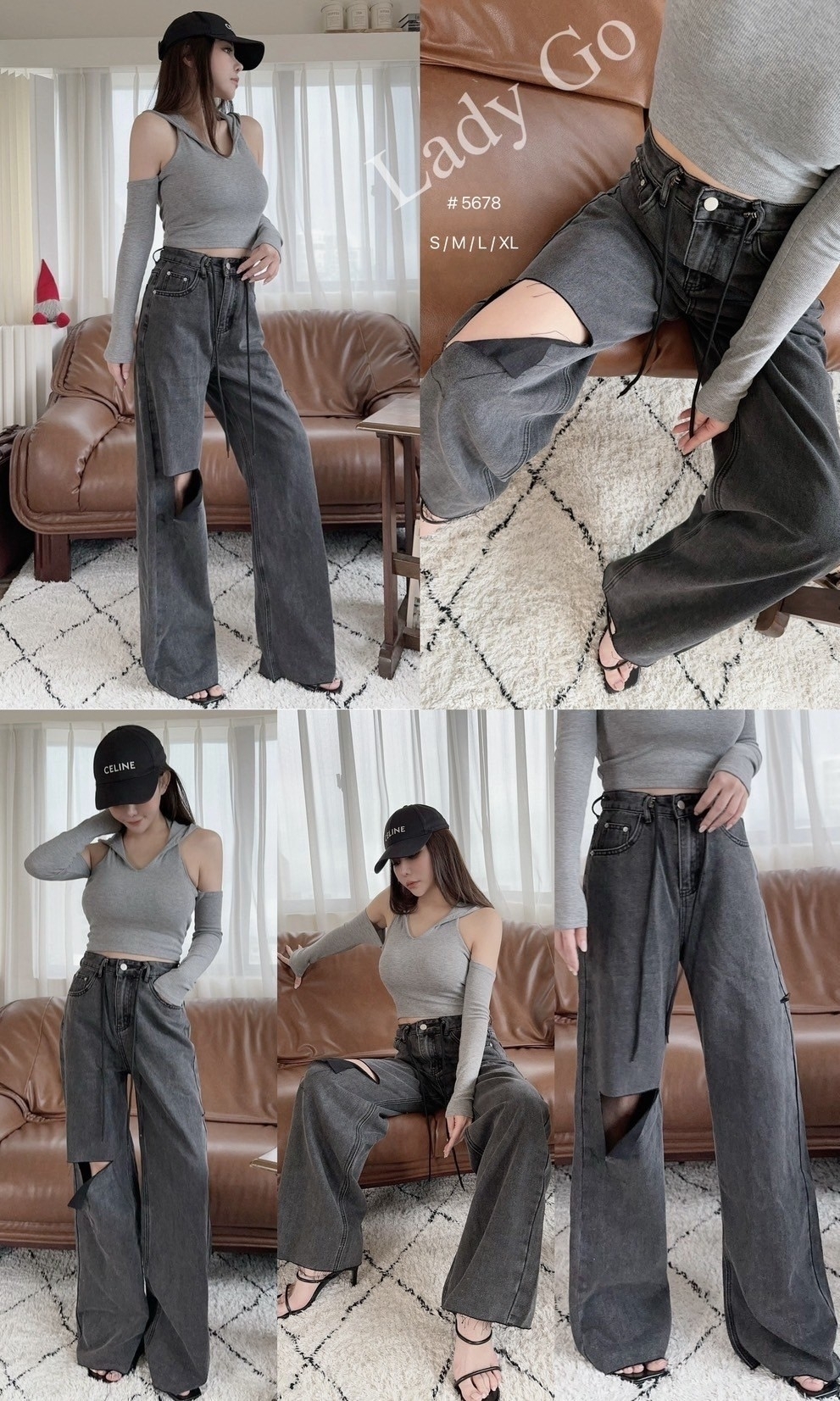 5678訂製款-個性水洗割破縮腰抽繩落地褲