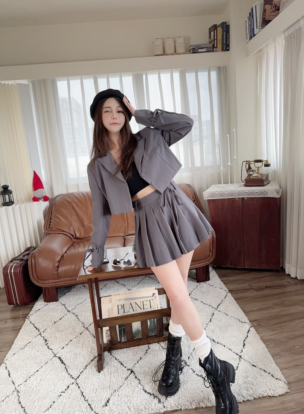 7282訂製款-減齡挺版綁繩西裝後鬆緊百褶裙SET (7)