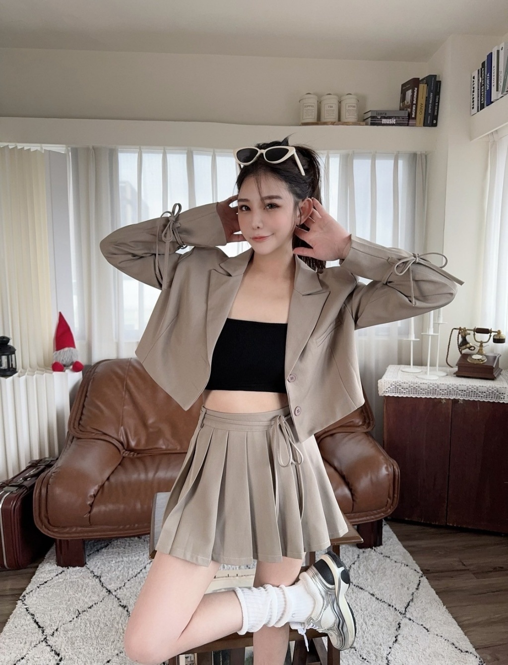 7282訂製款-減齡挺版綁繩西裝後鬆緊百褶裙SET (6)