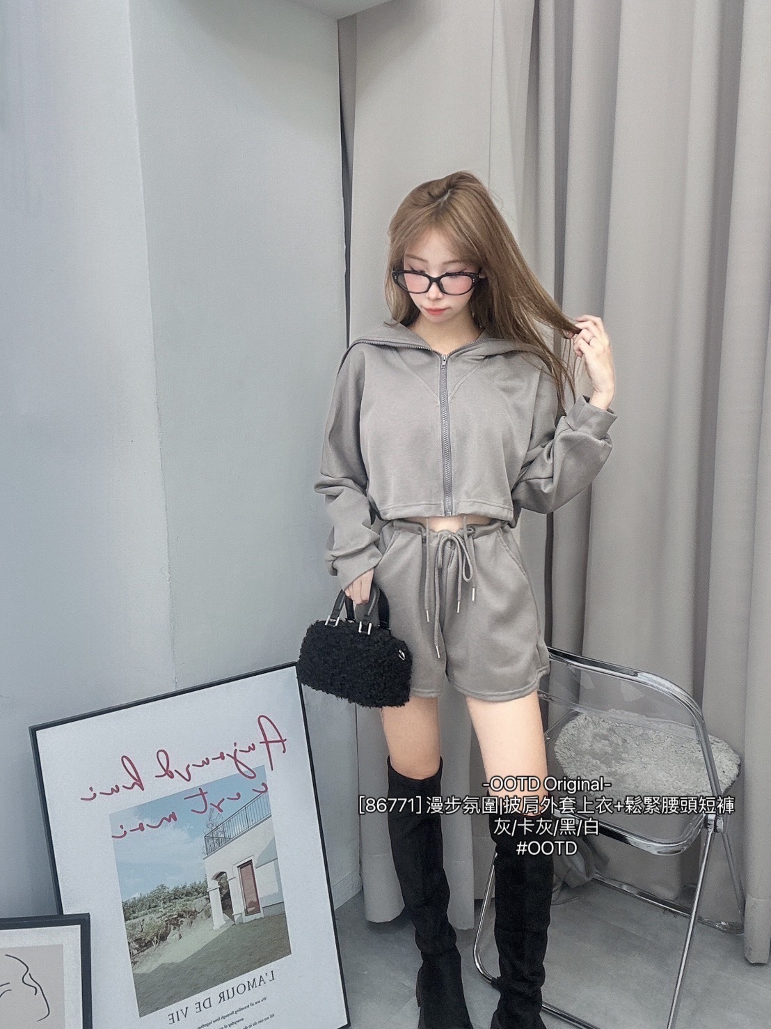 [86771] 漫步氛圍披肩外套上衣+鬆緊腰頭短褲 (7)