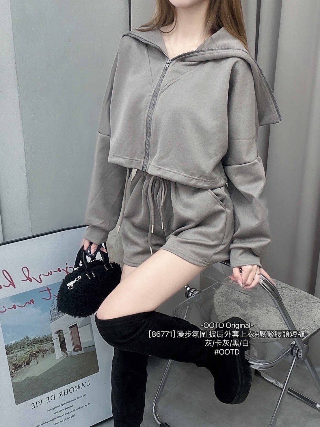 [86771] 漫步氛圍披肩外套上衣+鬆緊腰頭短褲 (8)