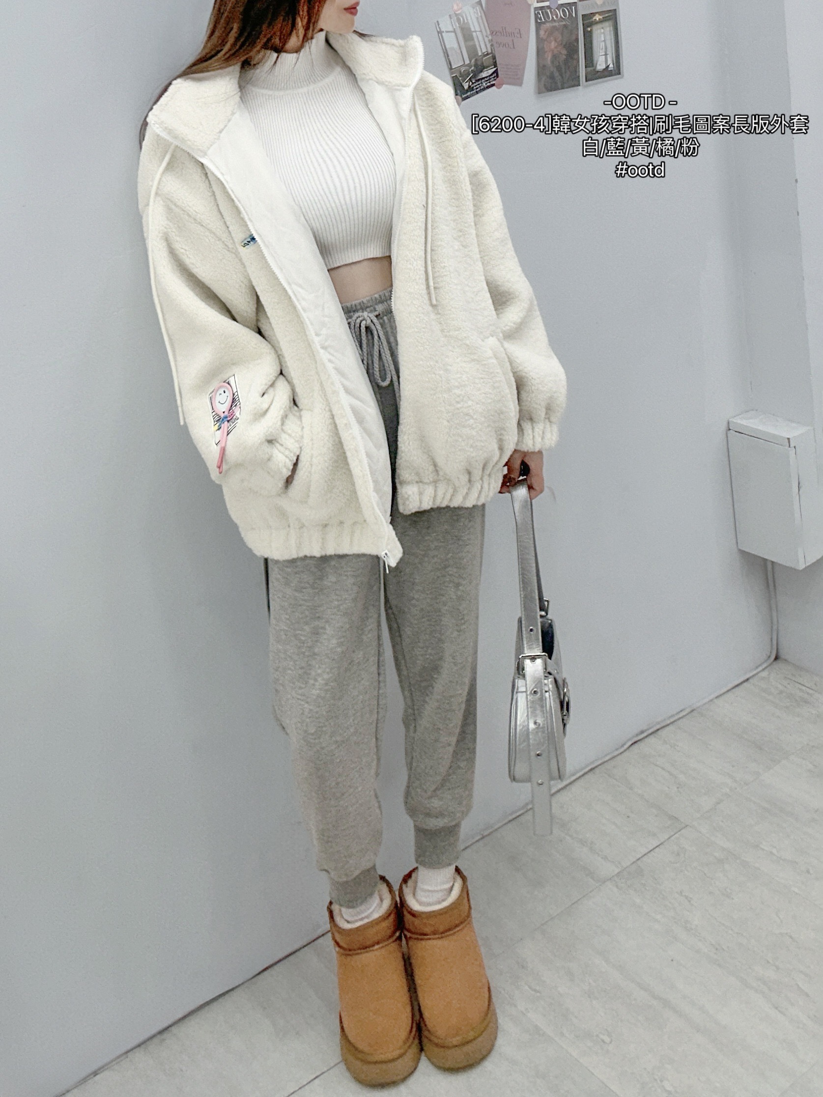 [6200-4]韓女孩穿搭刷毛圖案長版外套 (2)