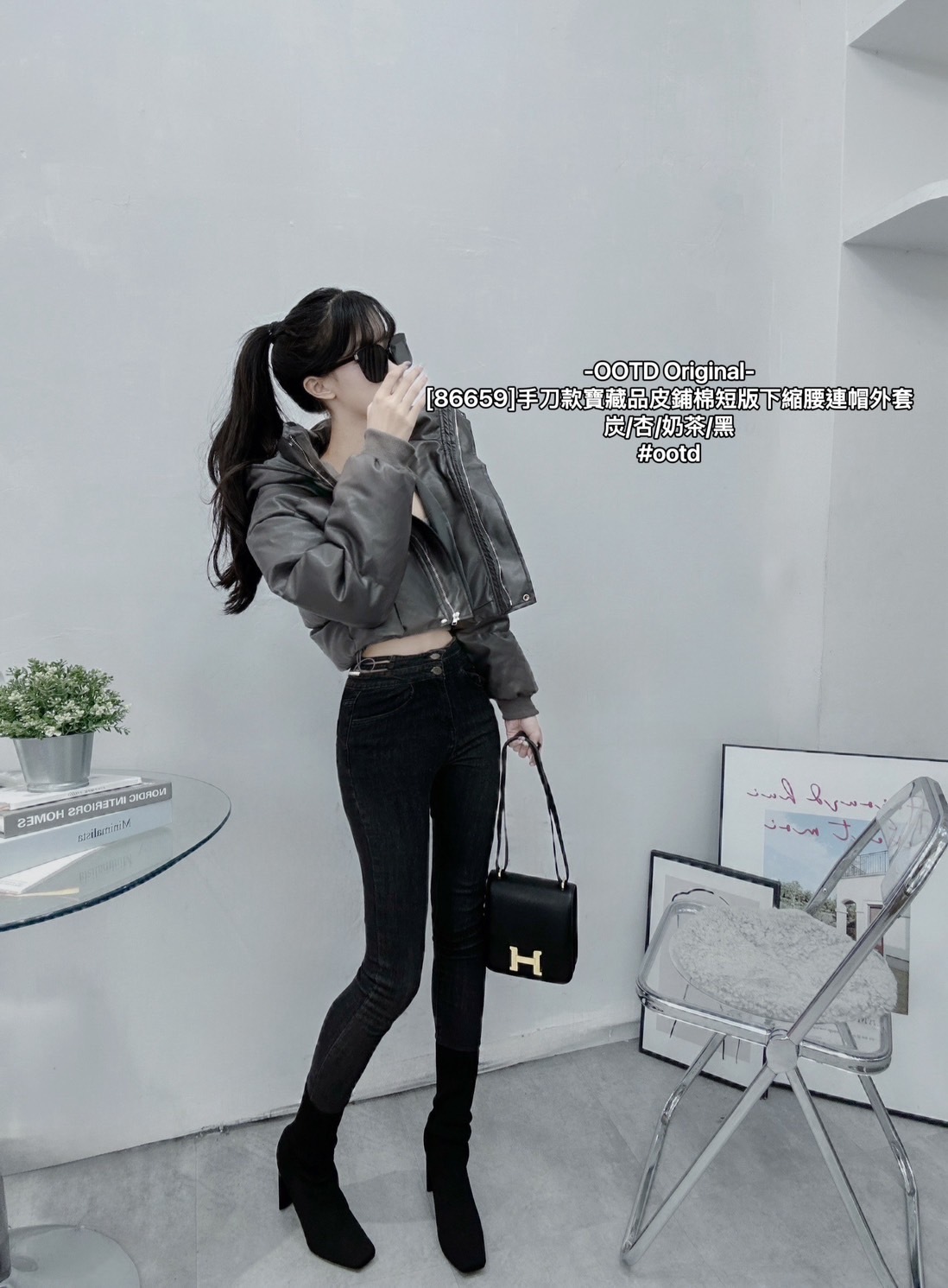 [86659]手刀款寶藏品皮鋪棉短版下縮腰連帽外套 (3)