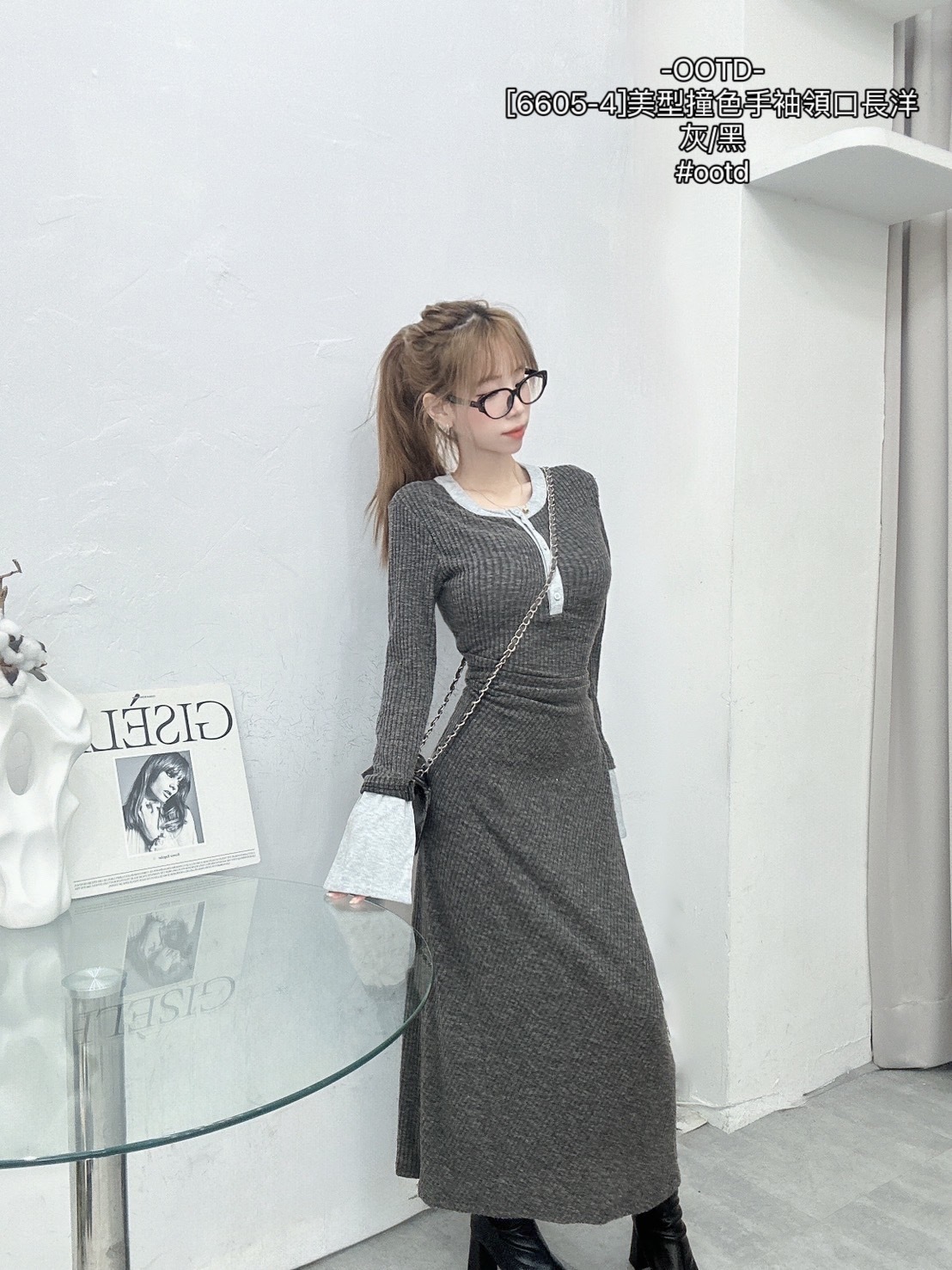 [6605-4]美型撞色手袖領口長洋 (2)