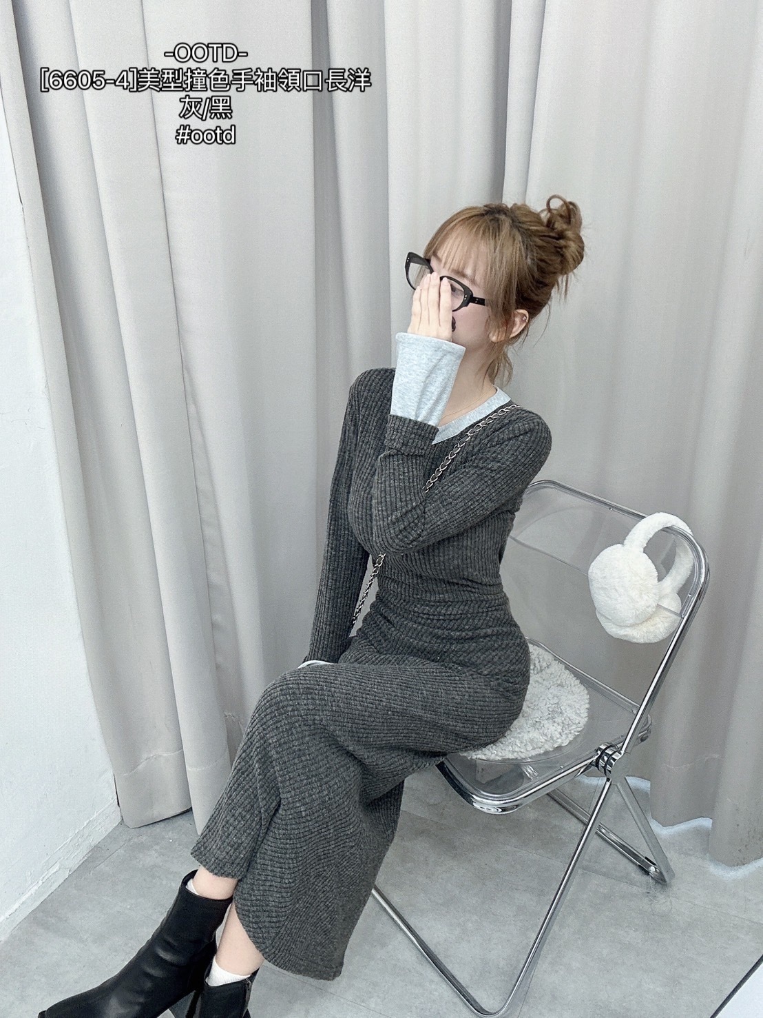 [6605-4]美型撞色手袖領口長洋 (4)