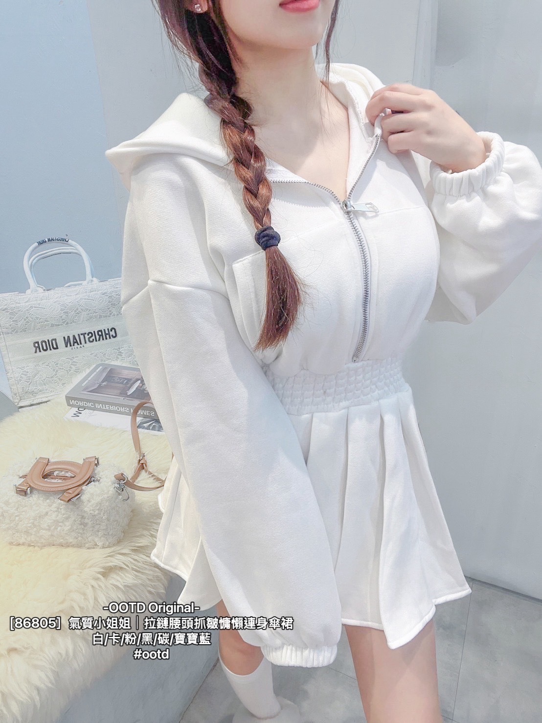 [86805］氣質小姐姐｜拉鏈腰頭抓皺慵懶連身傘裙 (2)