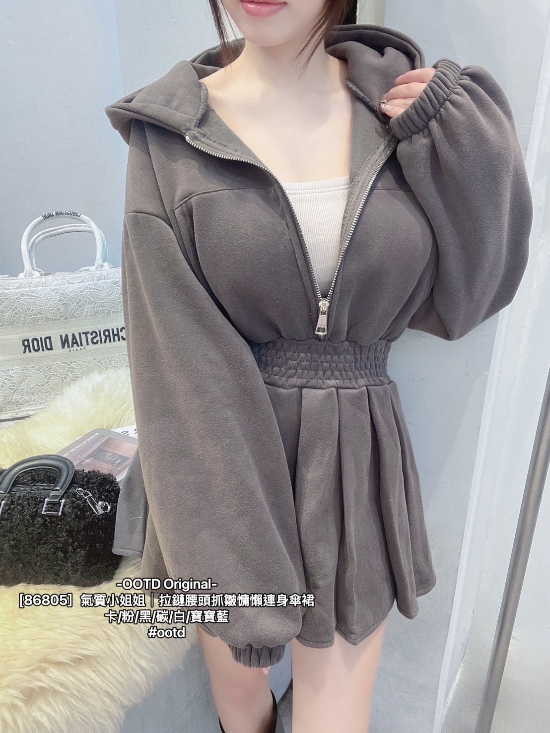[86805］氣質小姐姐｜拉鏈腰頭抓皺慵懶連身傘裙 (9)