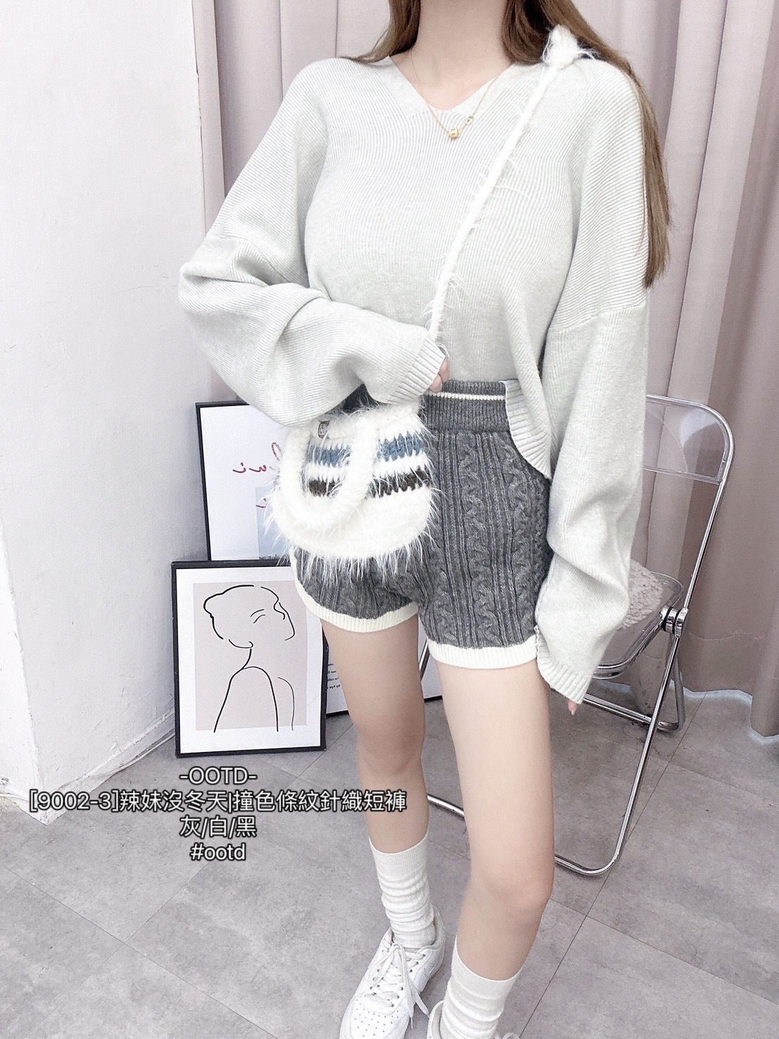 [9002-3]辣妹沒冬天撞色條紋針織短褲 (4)