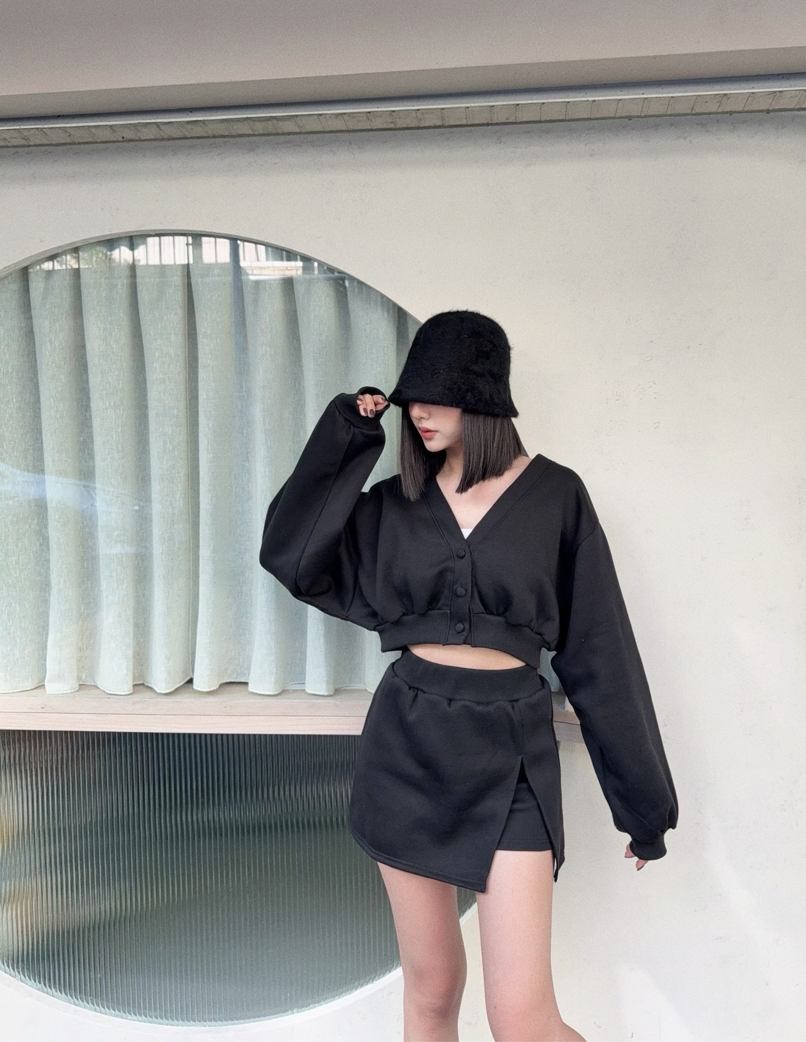 12040057『訂製款』甜美V字領包扣開叉短裙SET (4)