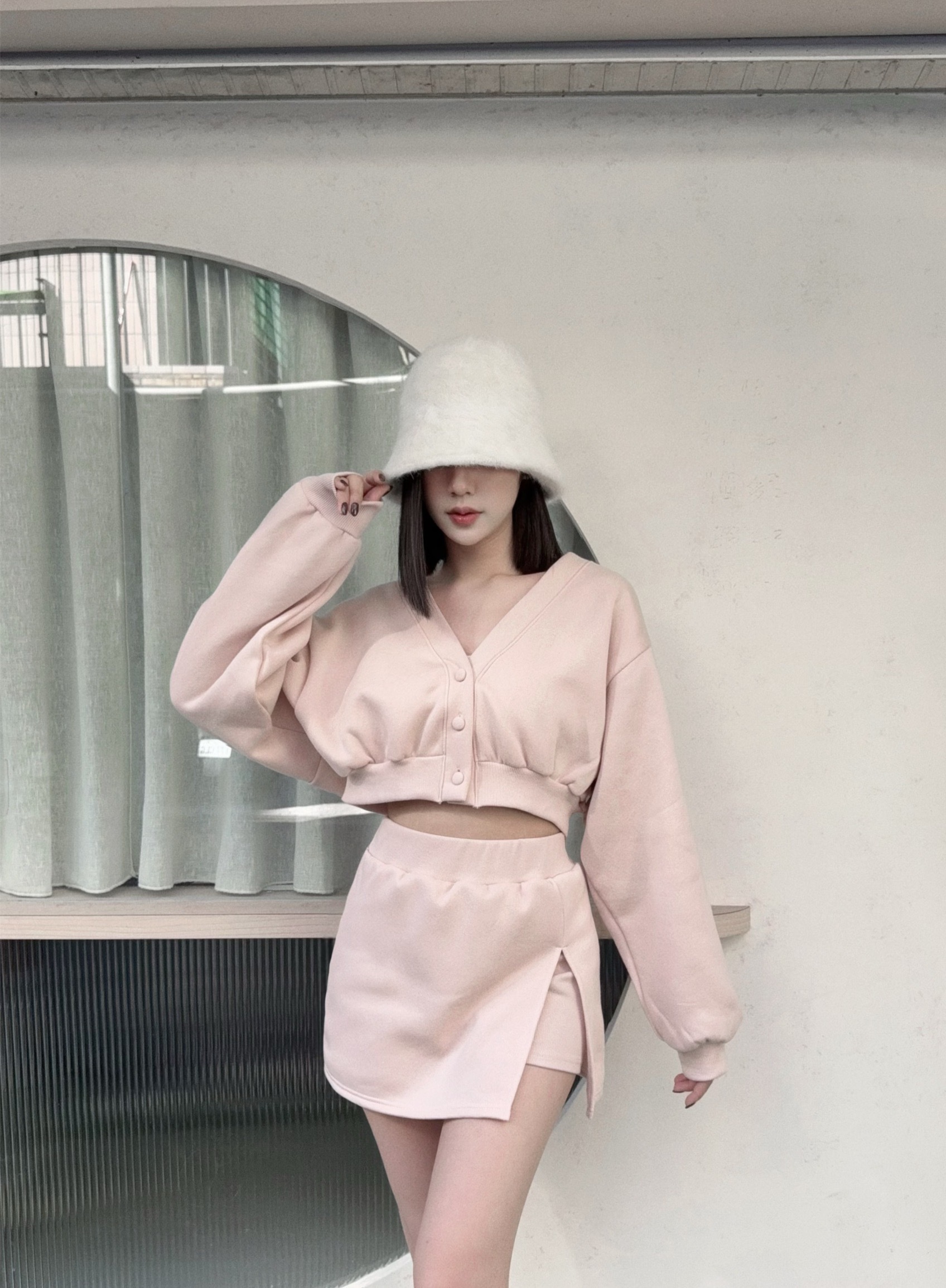 12040057『訂製款』甜美V字領包扣開叉短裙SET