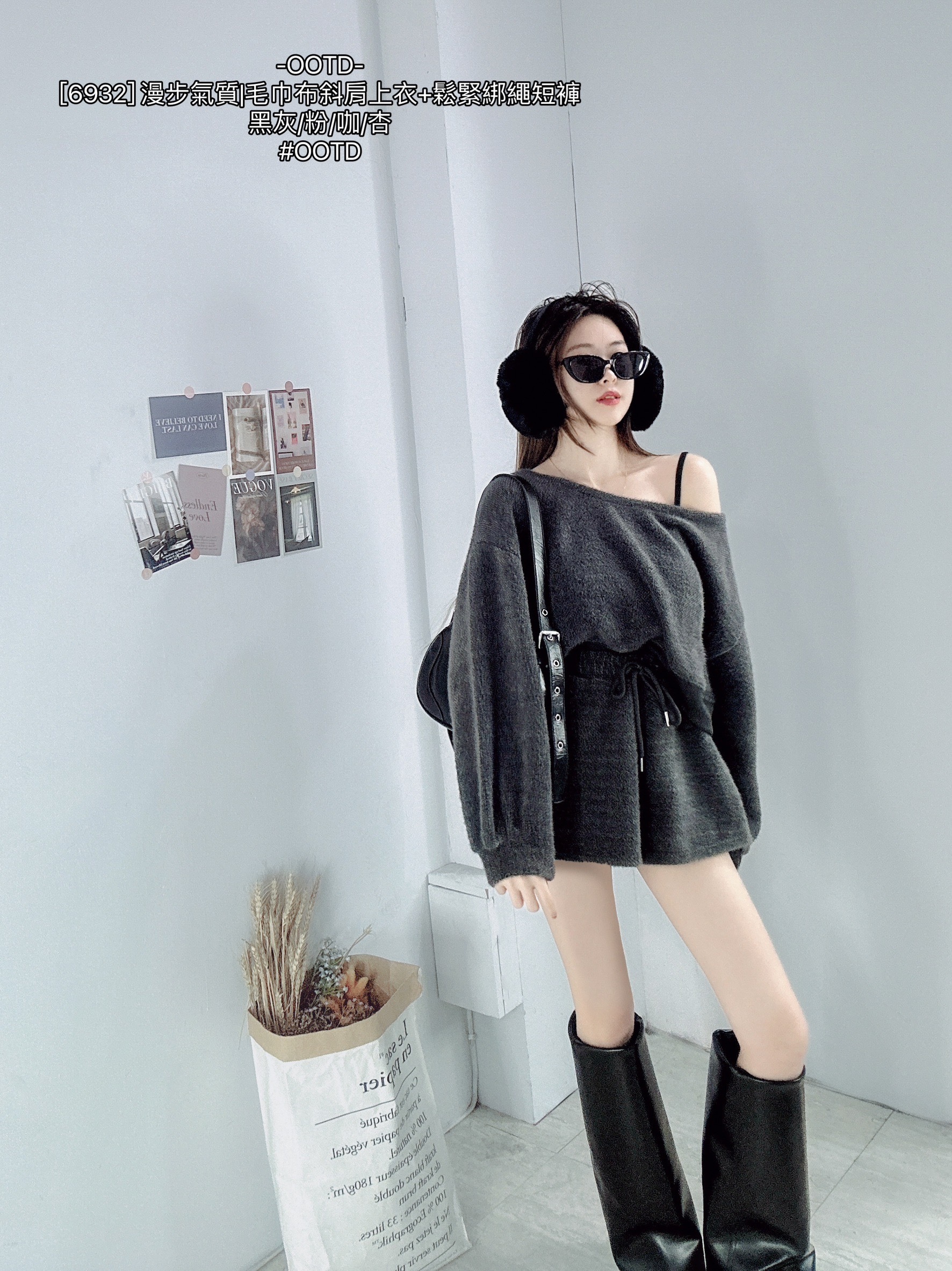 [6932] 漫步氣質毛巾布斜肩上衣+鬆緊綁繩短褲 (7)