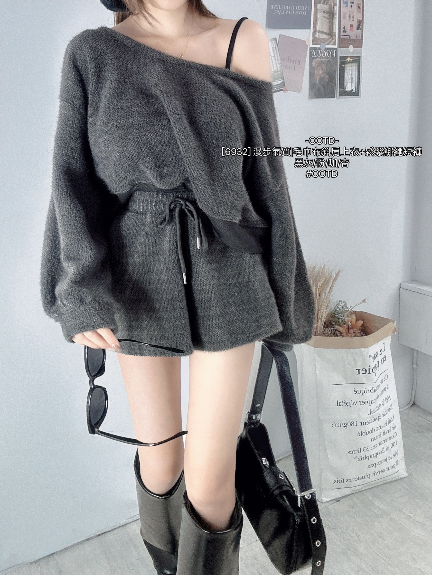 [6932] 漫步氣質毛巾布斜肩上衣+鬆緊綁繩短褲 (8)