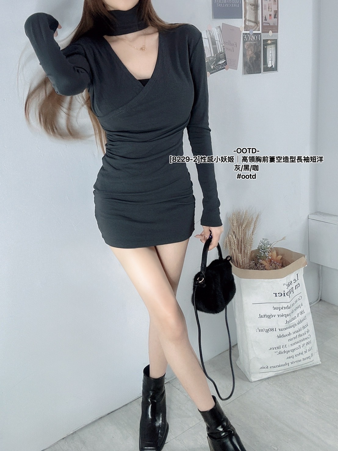 [8229-2]性感小妖姬｜高領胸前簍空造型長袖短洋 (8)