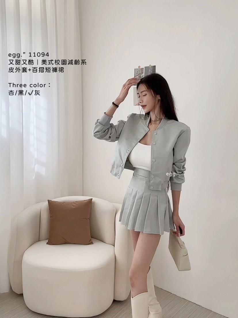 11094又甜又酷｜美式校園減齡系皮外套+百摺短褲裙 (3)