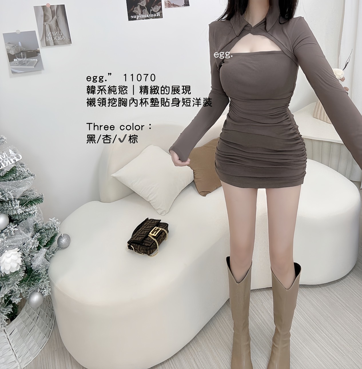 11070韓系純慾｜精緻的展現襯領挖胸內杯墊貼身短洋裝 (5)