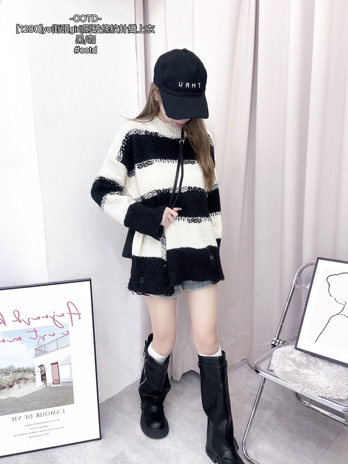 1280]yo街頭girl刷破條紋針織上衣 (4)