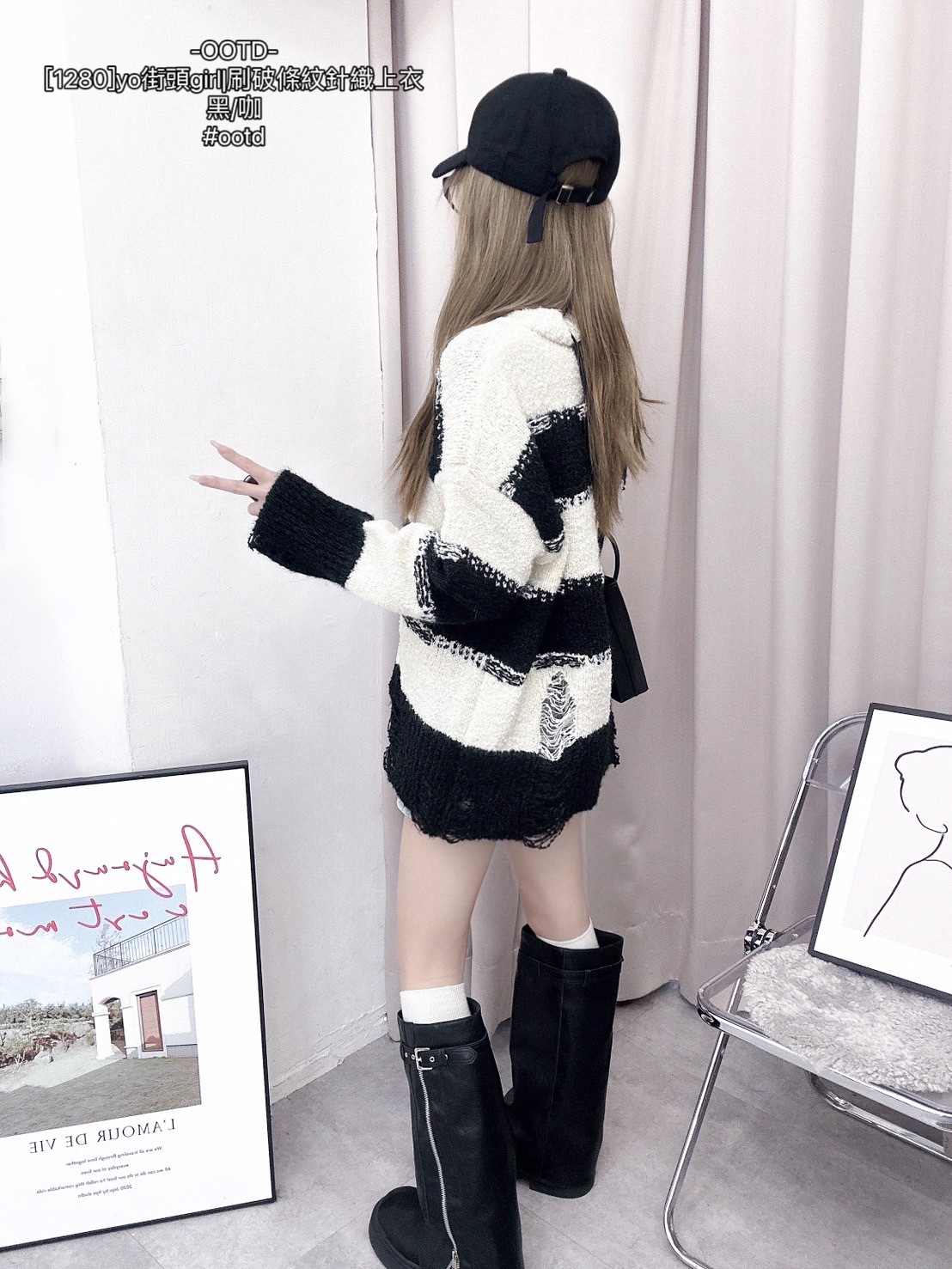 1280]yo街頭girl刷破條紋針織上衣 (5)