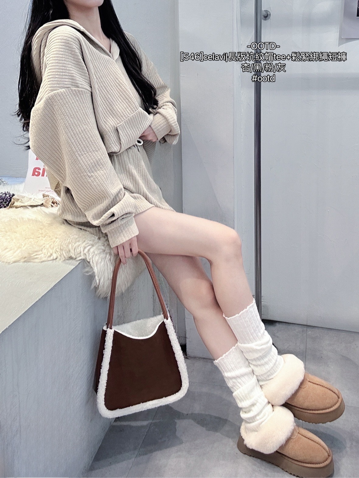 [546]celavi長版坑紋帽tee+鬆緊綁繩短褲 (2)
