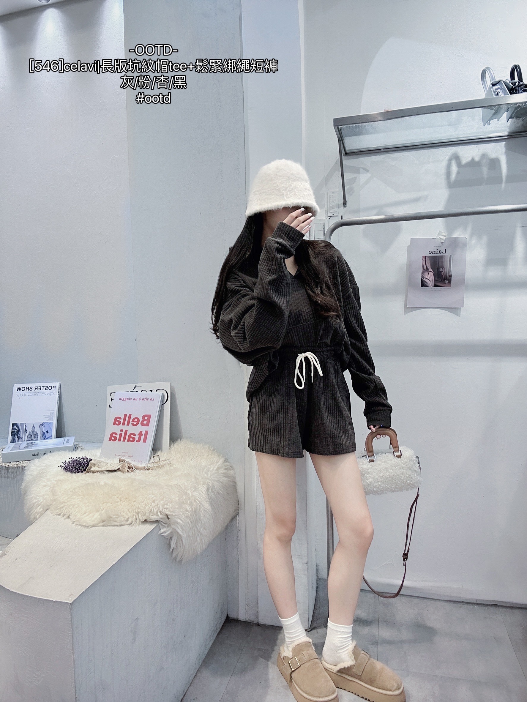 [546]celavi長版坑紋帽tee+鬆緊綁繩短褲 (6)