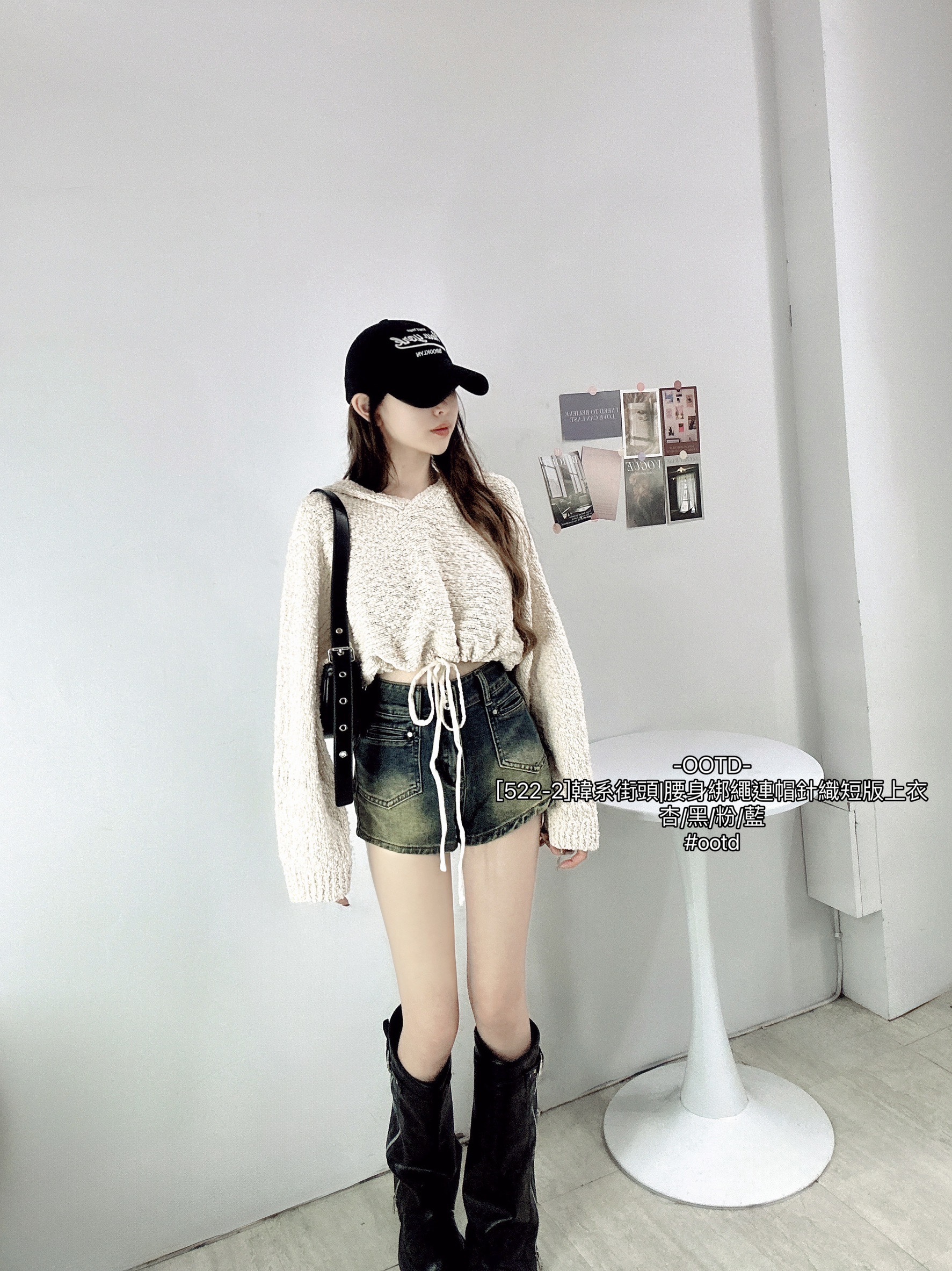 [522-2]韓系街頭腰身綁繩連帽針織短版上衣 (2)