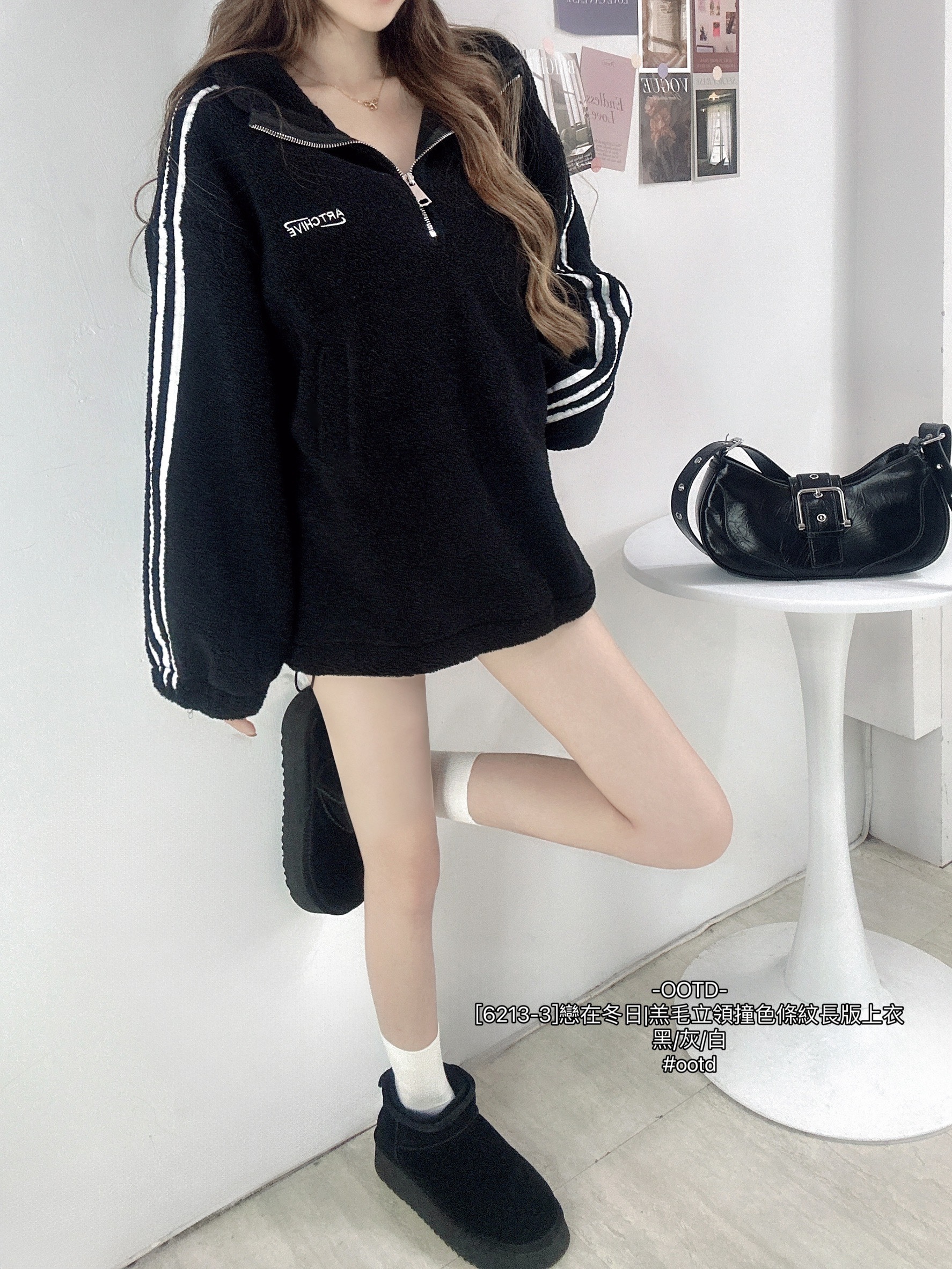 [6213-3]戀在冬日羔毛立領撞色條紋長版上衣 (6)