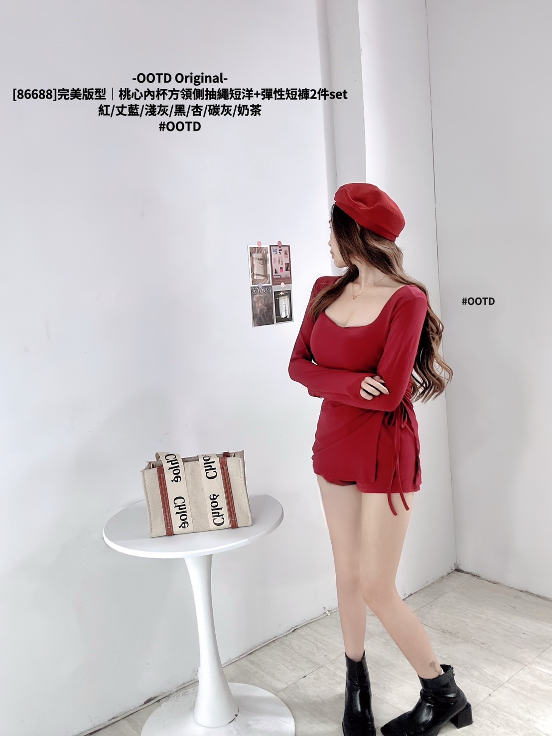 [86688]完美版型｜桃心內杯方領側抽繩短洋+彈性短褲2件set (2)