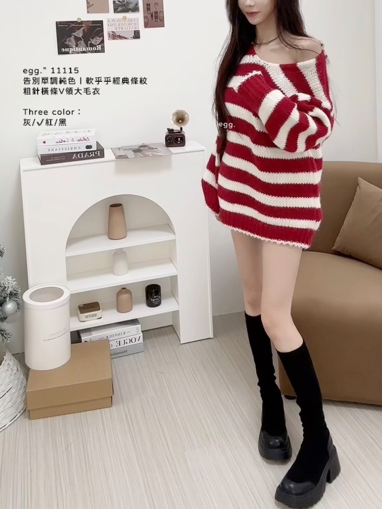 11115告別單調純色｜軟乎乎經典條紋粗針橫條V領大毛衣 (3)