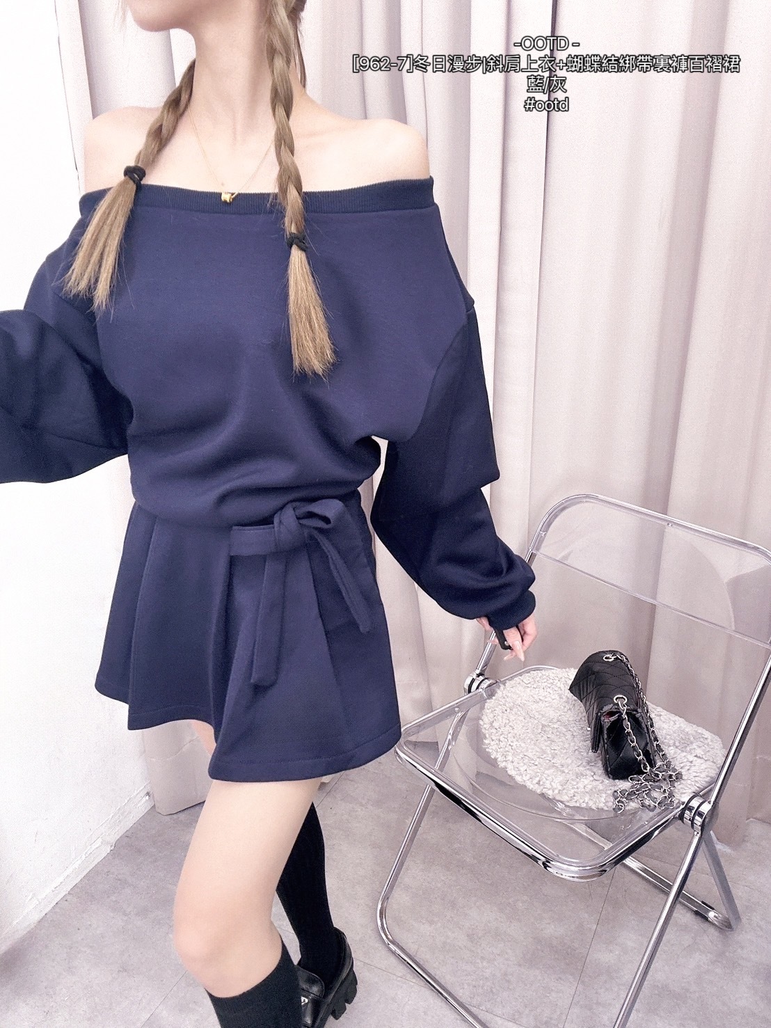 [962-7]冬日漫步斜肩上衣+蝴蝶結綁帶裏褲百褶裙 (4)