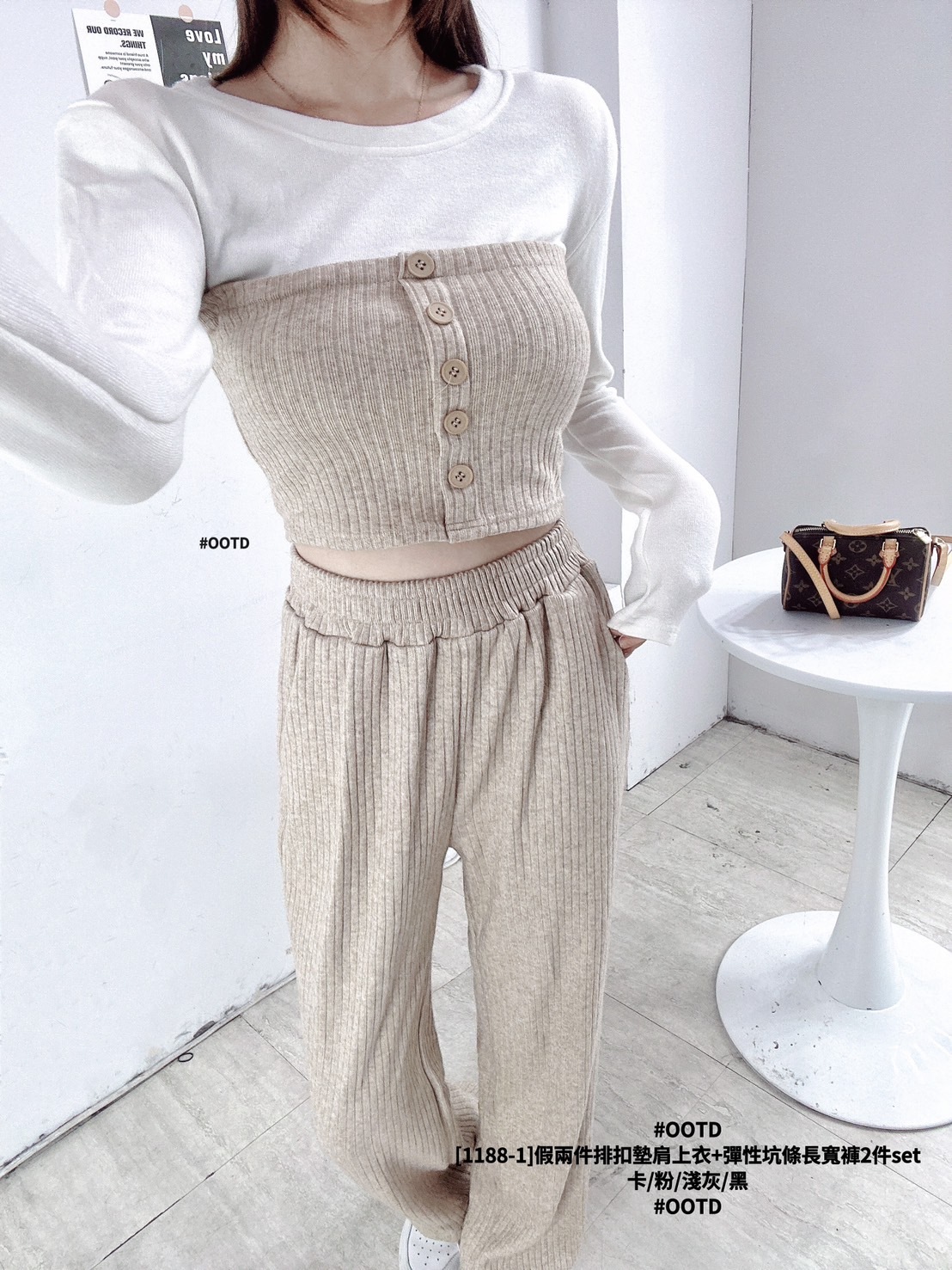 [1188-1]假兩件排扣墊肩上衣+彈性坑條長寬褲2件set (2)