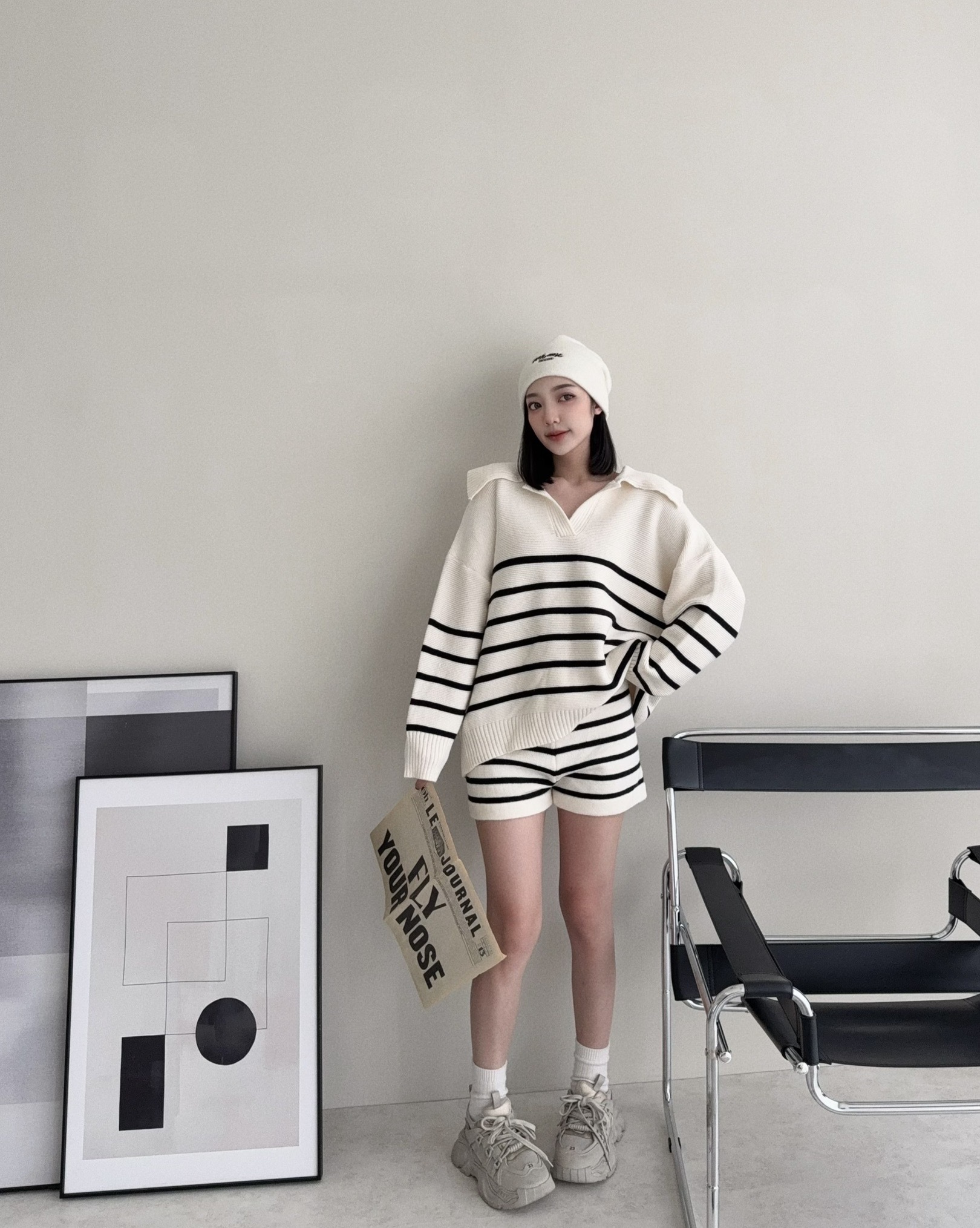 12181865『選品』歐美休閒條紋針織開領SET