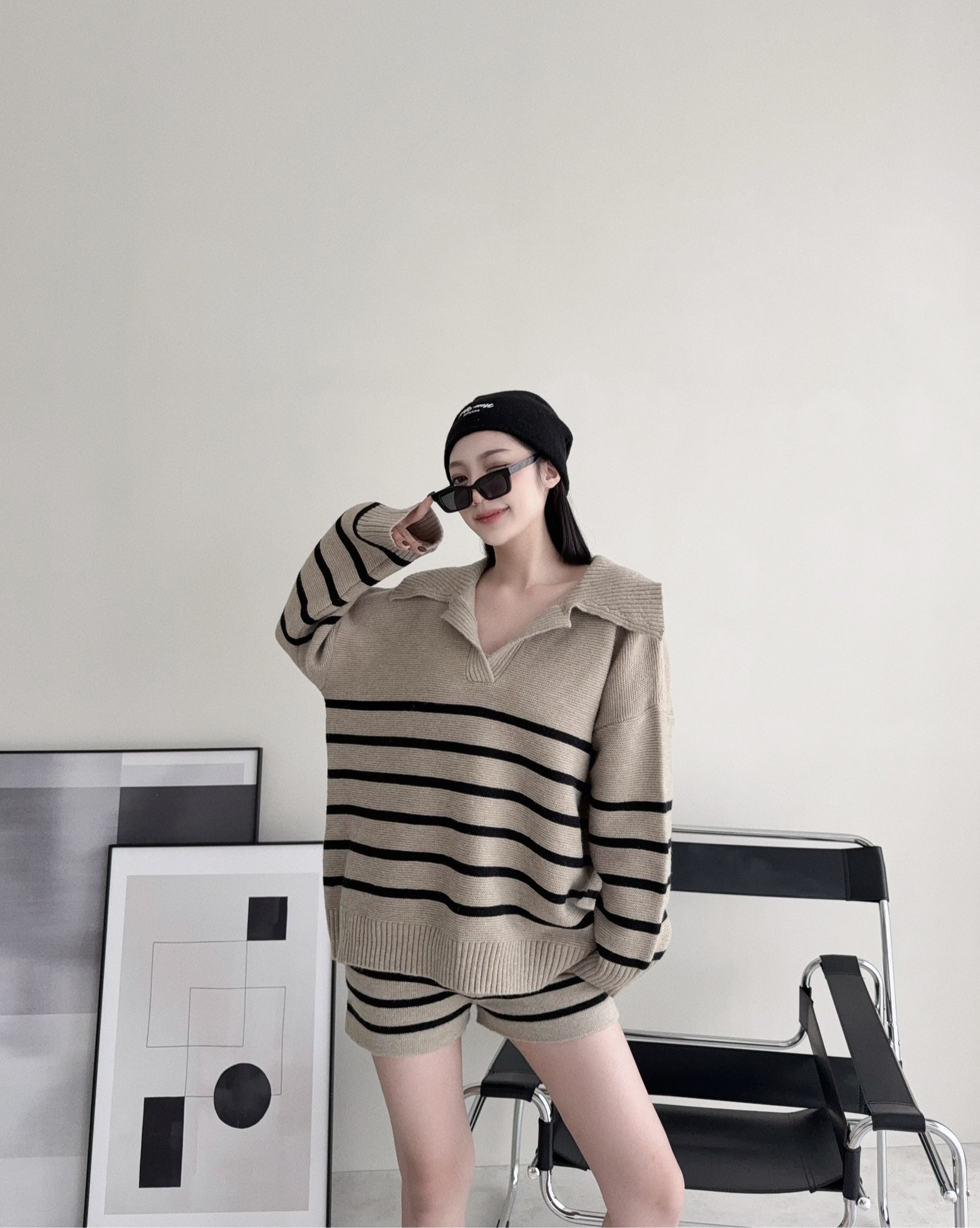 12181865『選品』歐美休閒條紋針織開領SET (2)