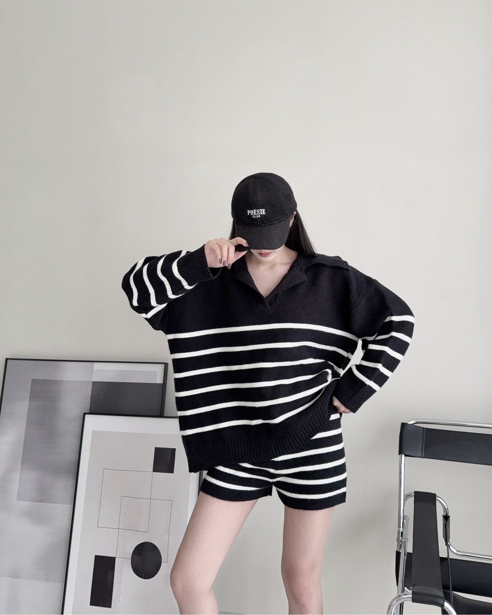 12181865『選品』歐美休閒條紋針織開領SET (3)