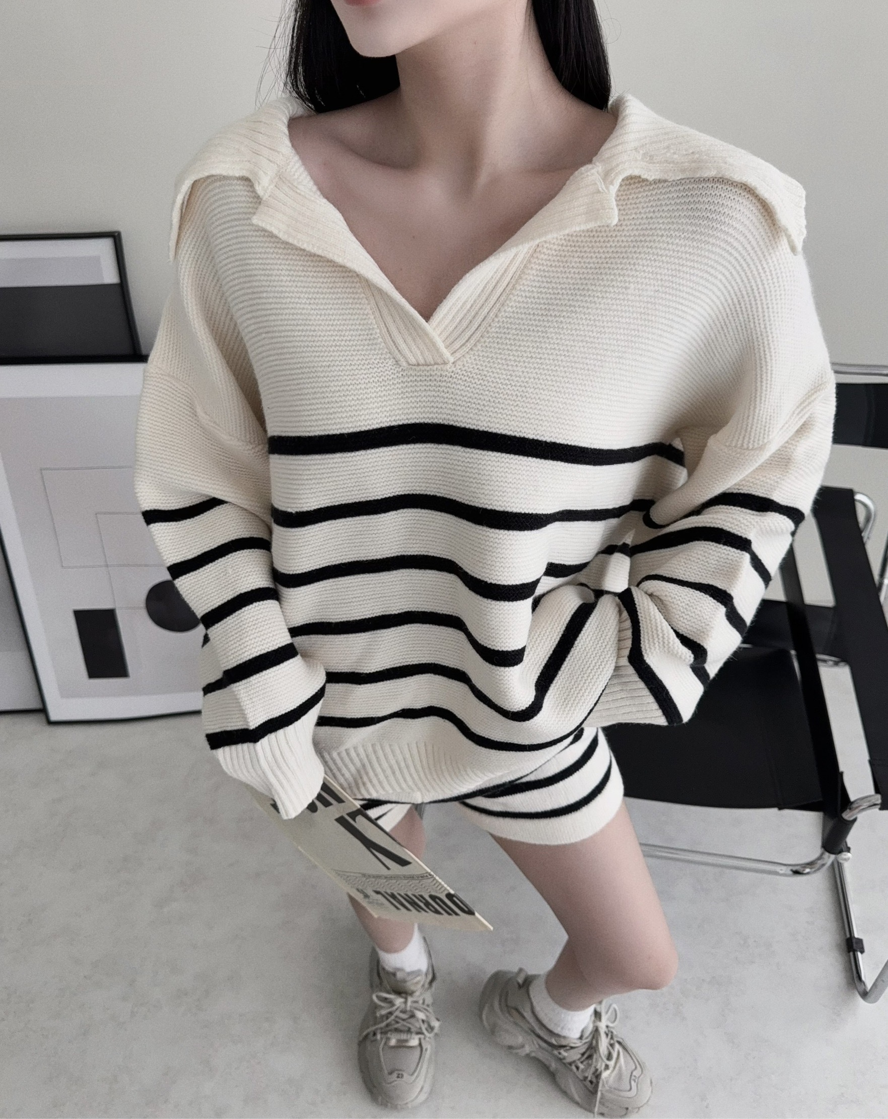 12181865『選品』歐美休閒條紋針織開領SET (4)