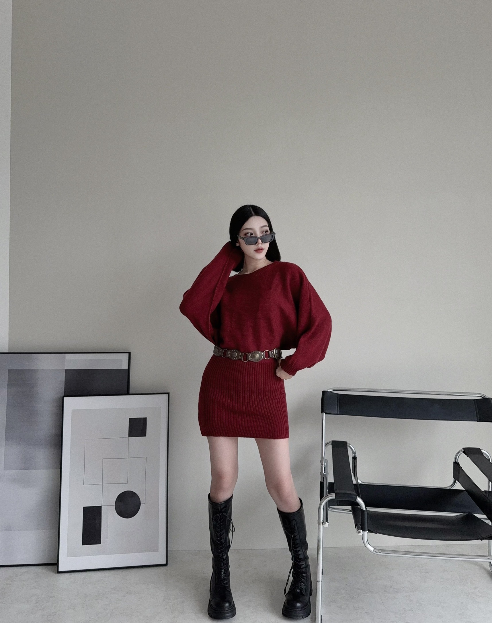 121810903『選品』復古風針織皮帶短洋