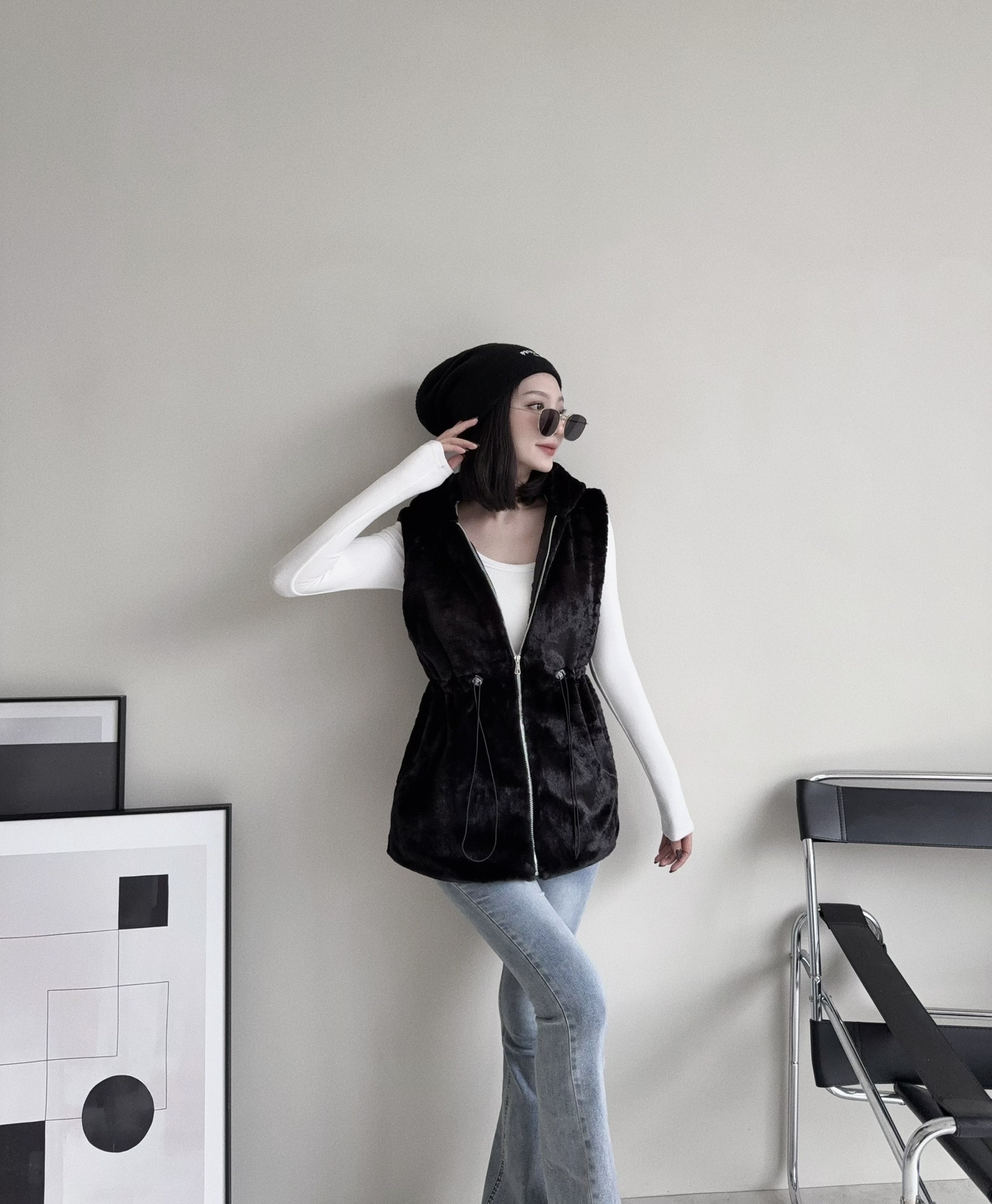 12185100『選品』冬日可愛毛茸茸縮腰長版背心 (5)