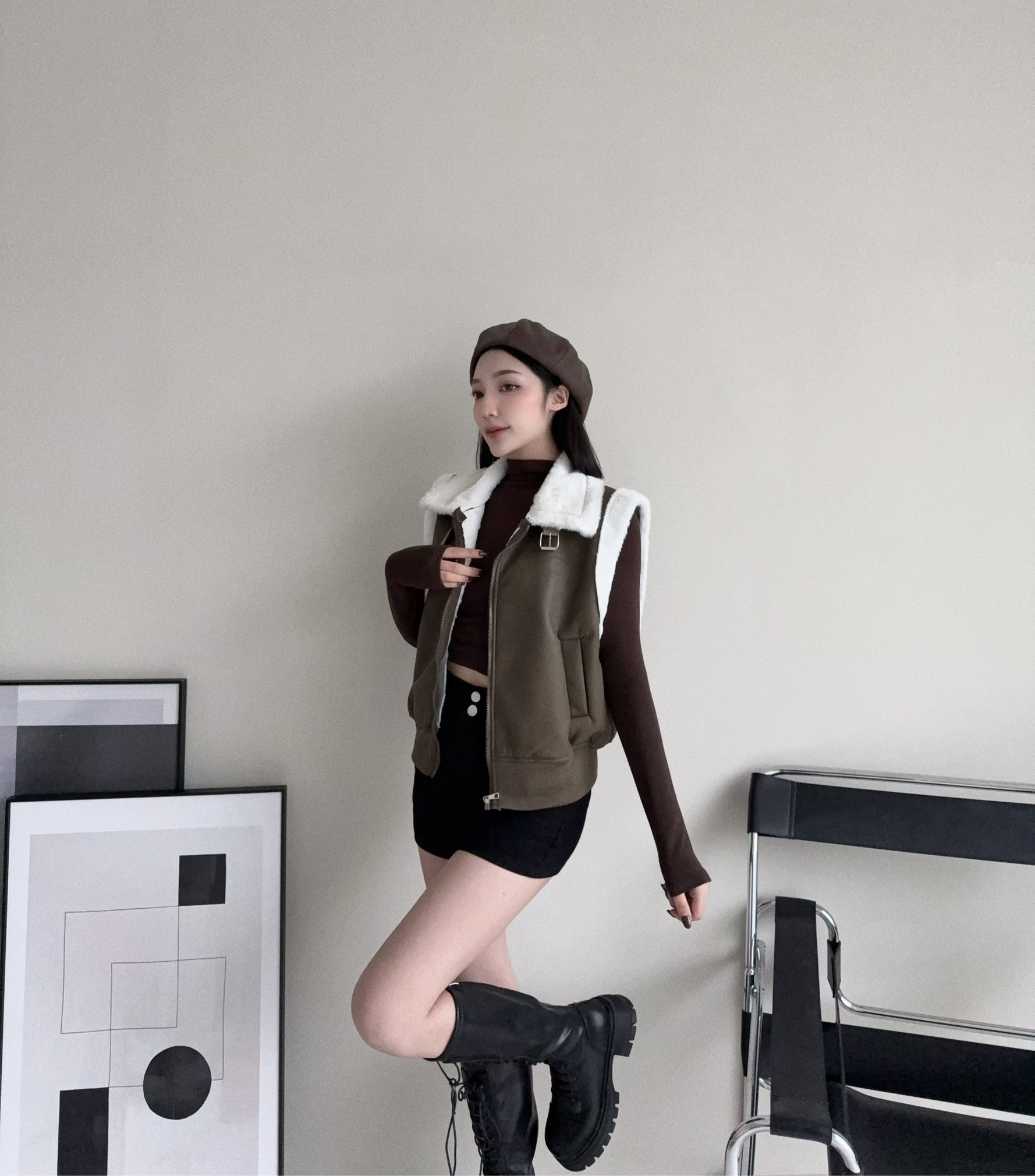 #1218608『選品』皮毛拼接短版皮革背心 (3)