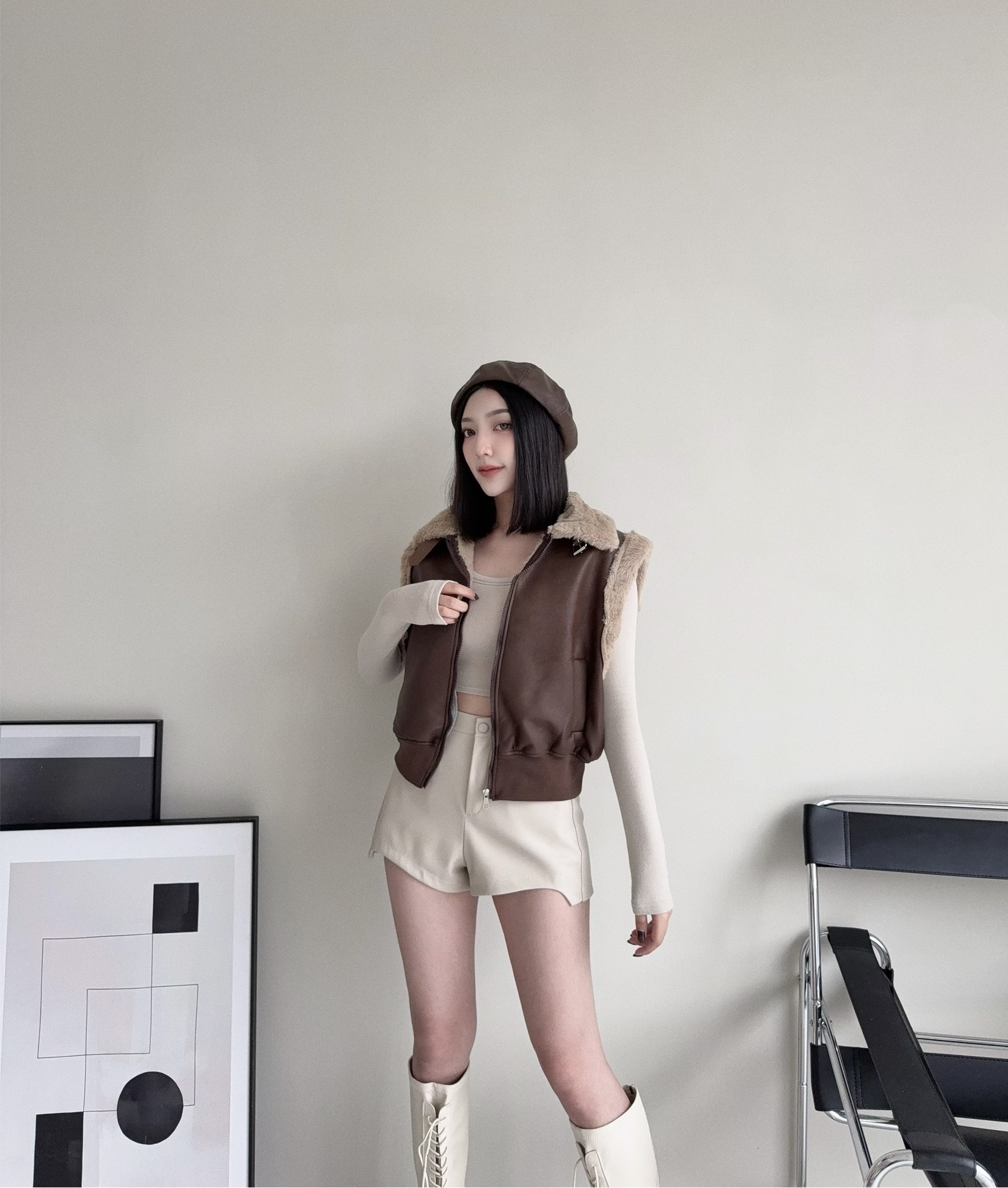 #1218608『選品』皮毛拼接短版皮革背心 (2)