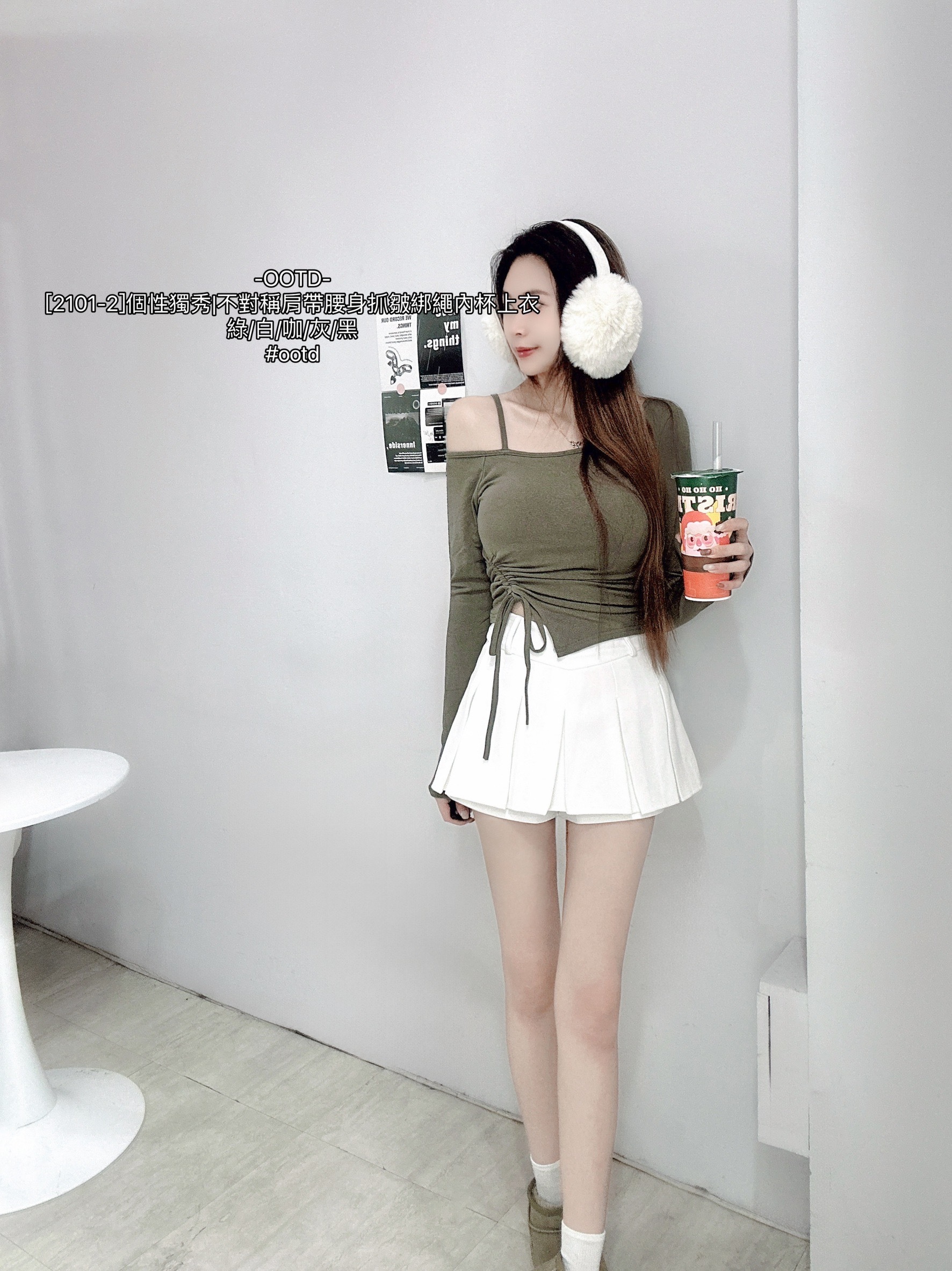 [2101-2]個性獨秀不對稱肩帶腰身抓皺綁繩內杯上衣 (6)