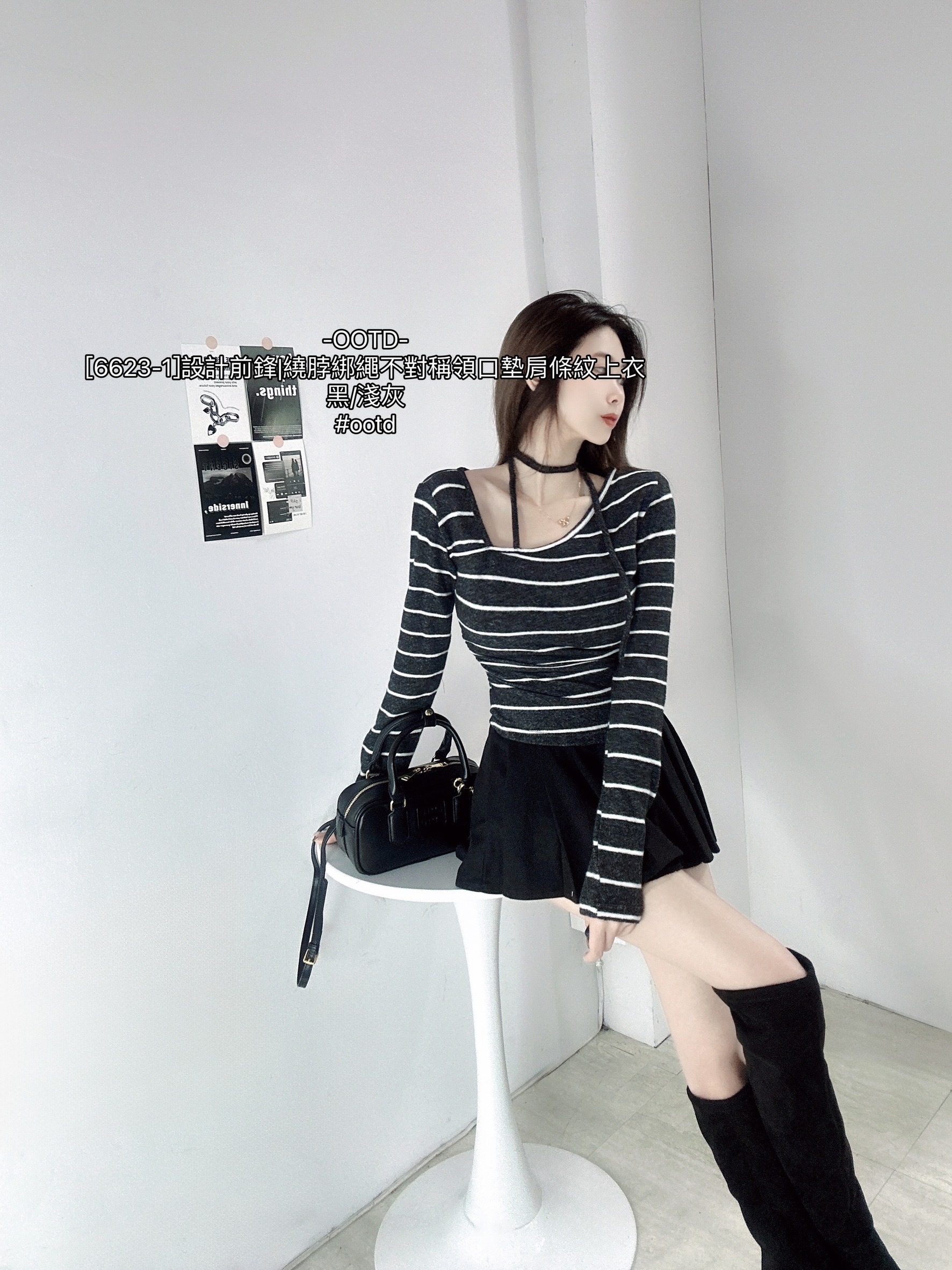 [6623-1]設計前鋒繞脖綁繩不對稱領口墊肩條紋上衣 (4)