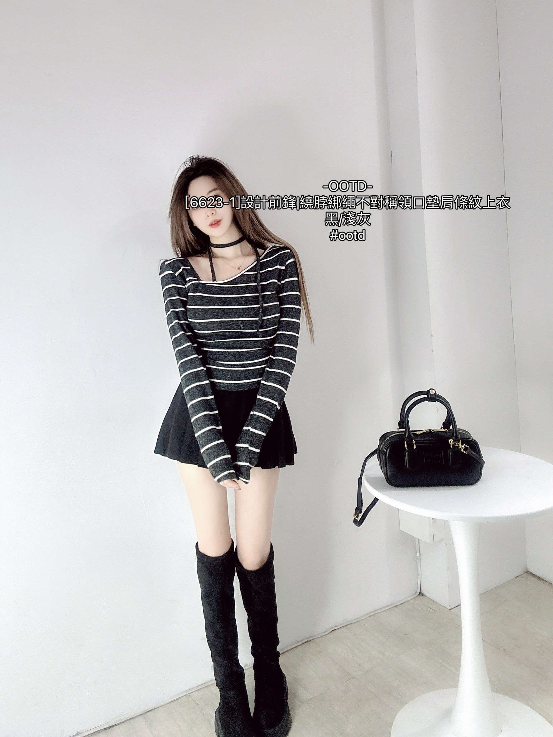 [6623-1]設計前鋒繞脖綁繩不對稱領口墊肩條紋上衣 (5)