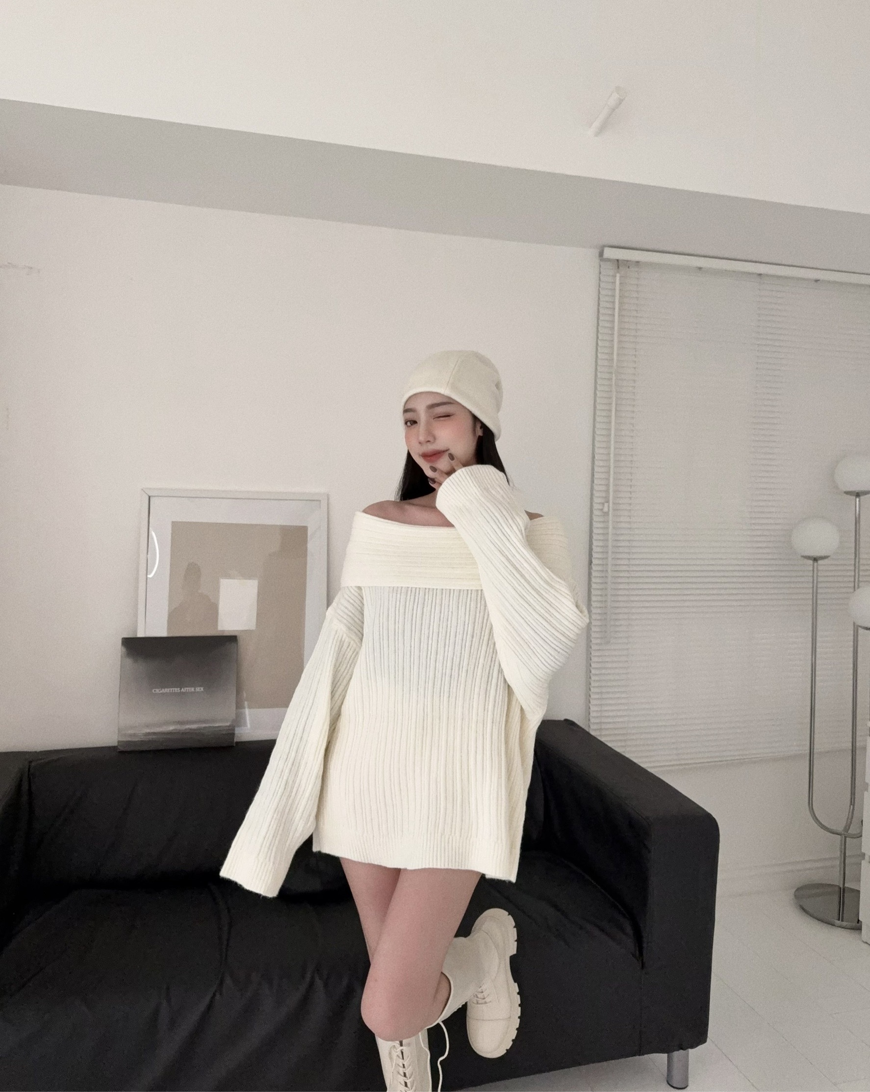 #1225892『選品』辣妹純欲坑條針織翻領一字上衣