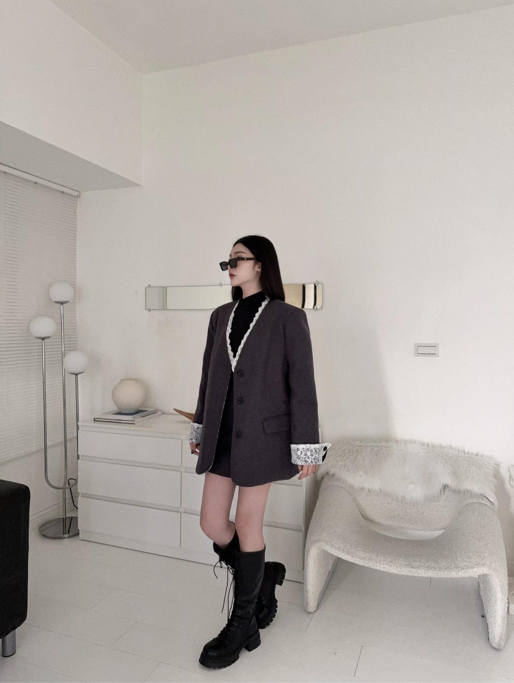 12252891『高單選品』韓版蕾絲拼接毛呢西裝套裝 (2)