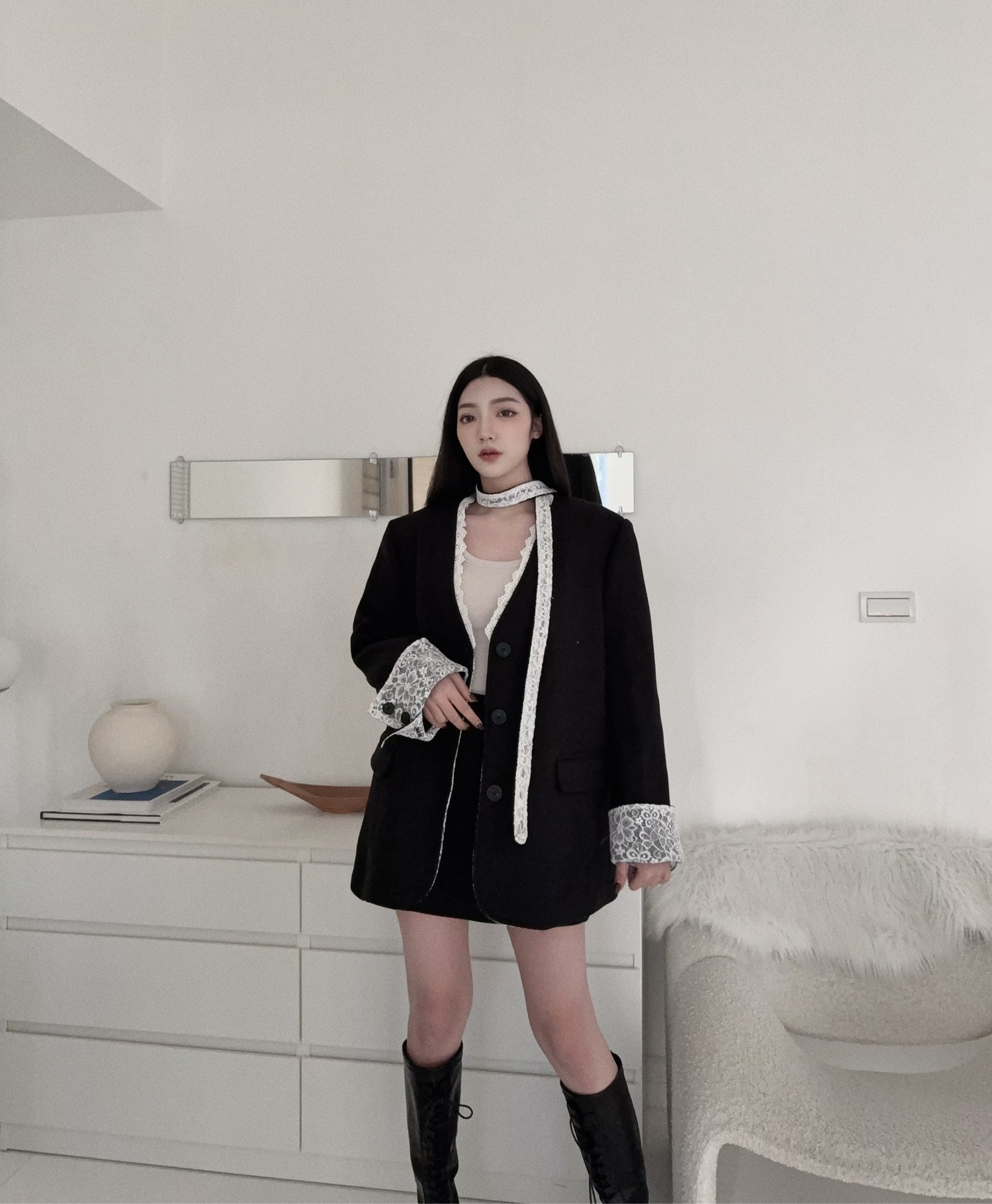 12252891『高單選品』韓版蕾絲拼接毛呢西裝套裝 (4)