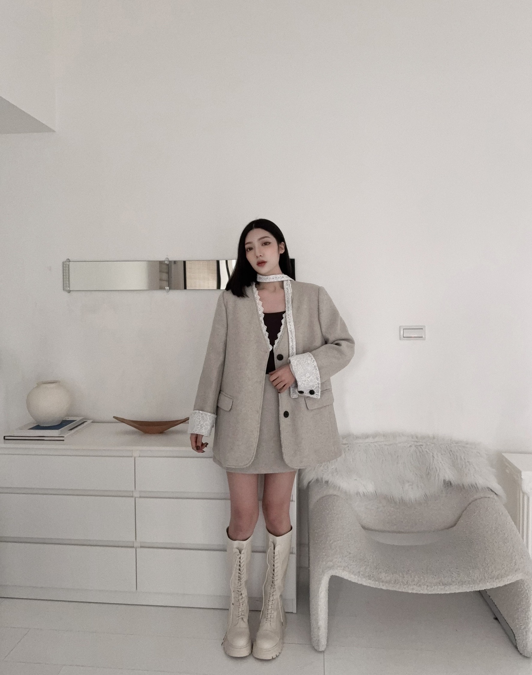 12252891『高單選品』韓版蕾絲拼接毛呢西裝套裝