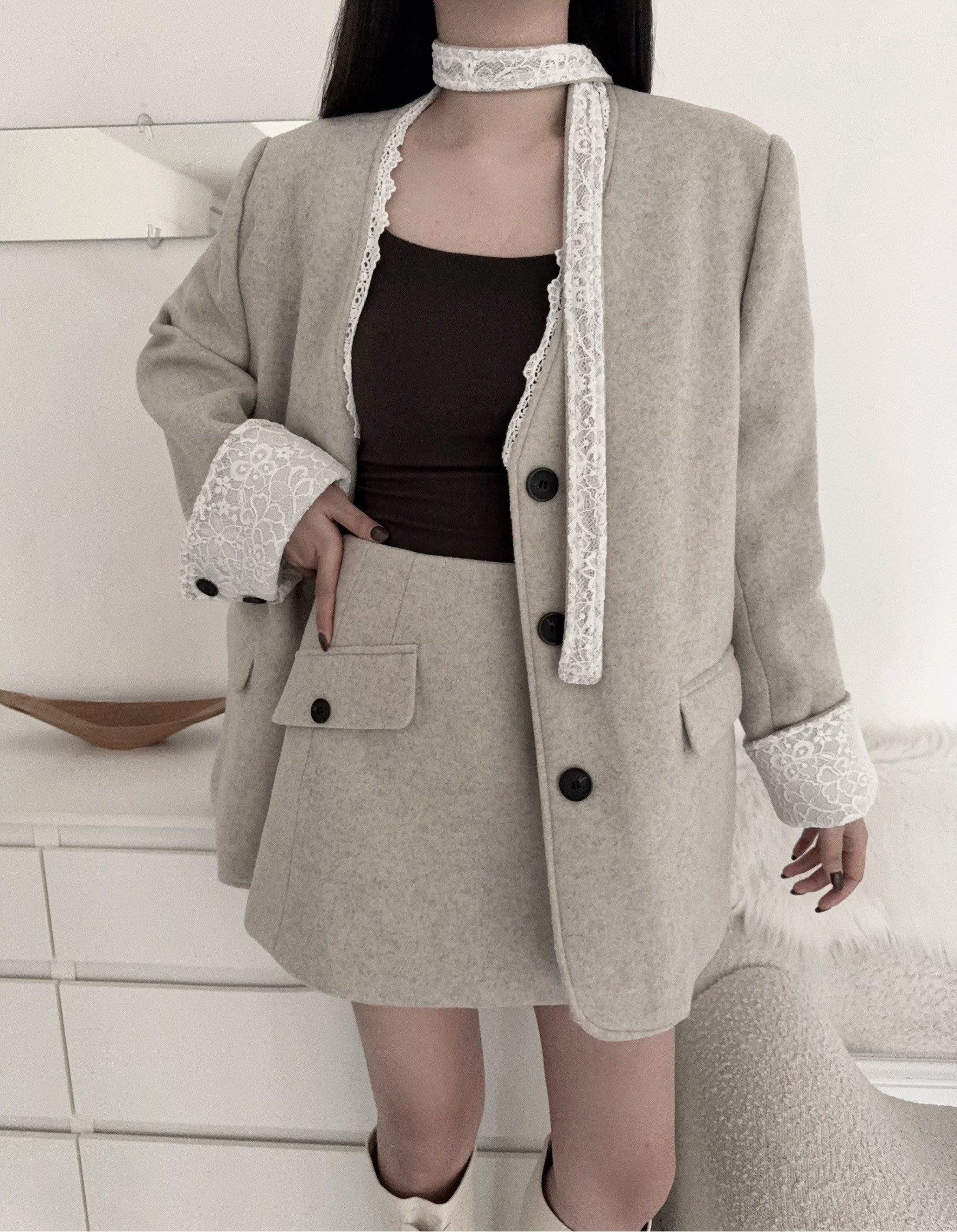 12252891『高單選品』韓版蕾絲拼接毛呢西裝套裝 (5)