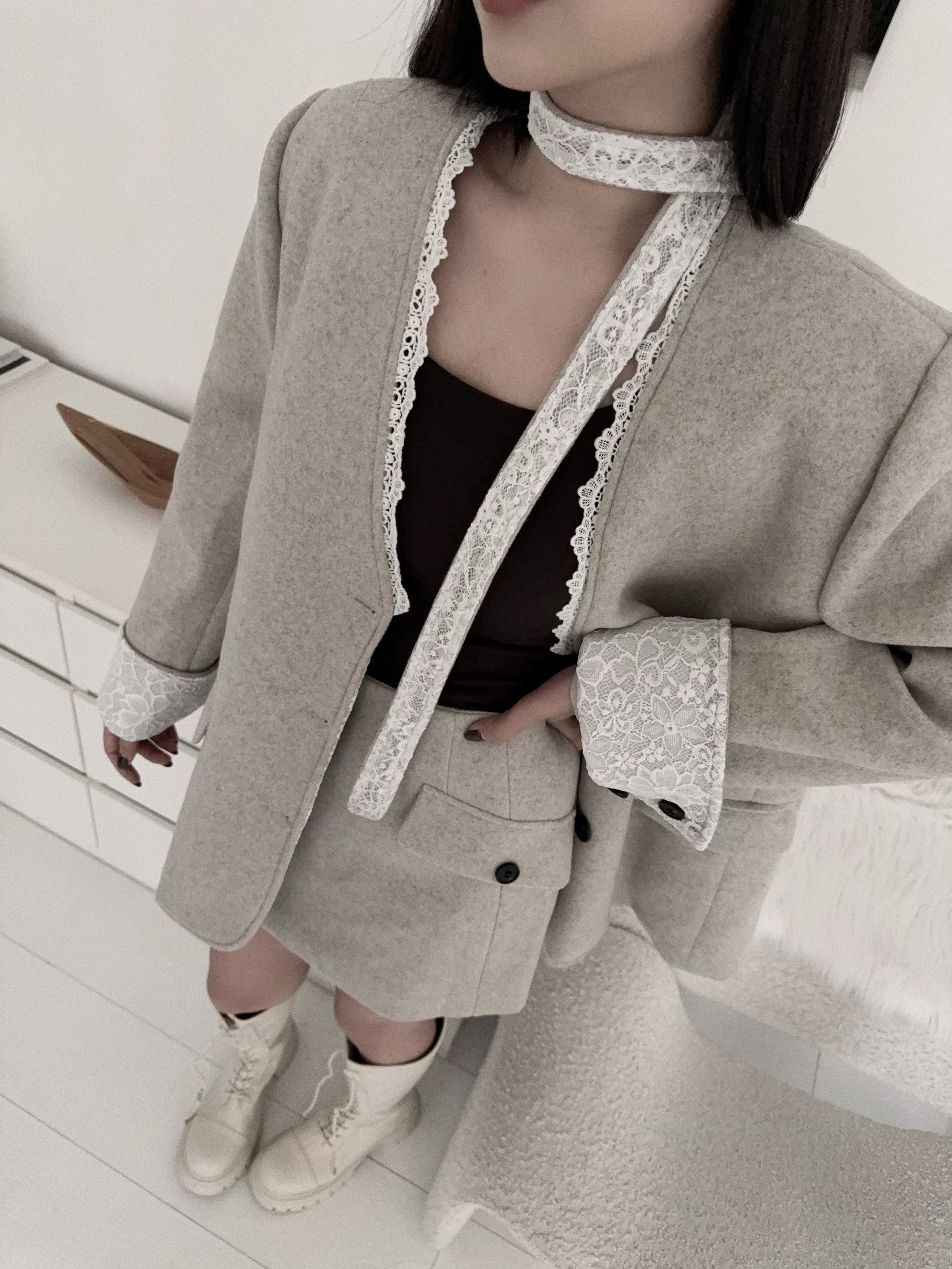 12252891『高單選品』韓版蕾絲拼接毛呢西裝套裝 (6)