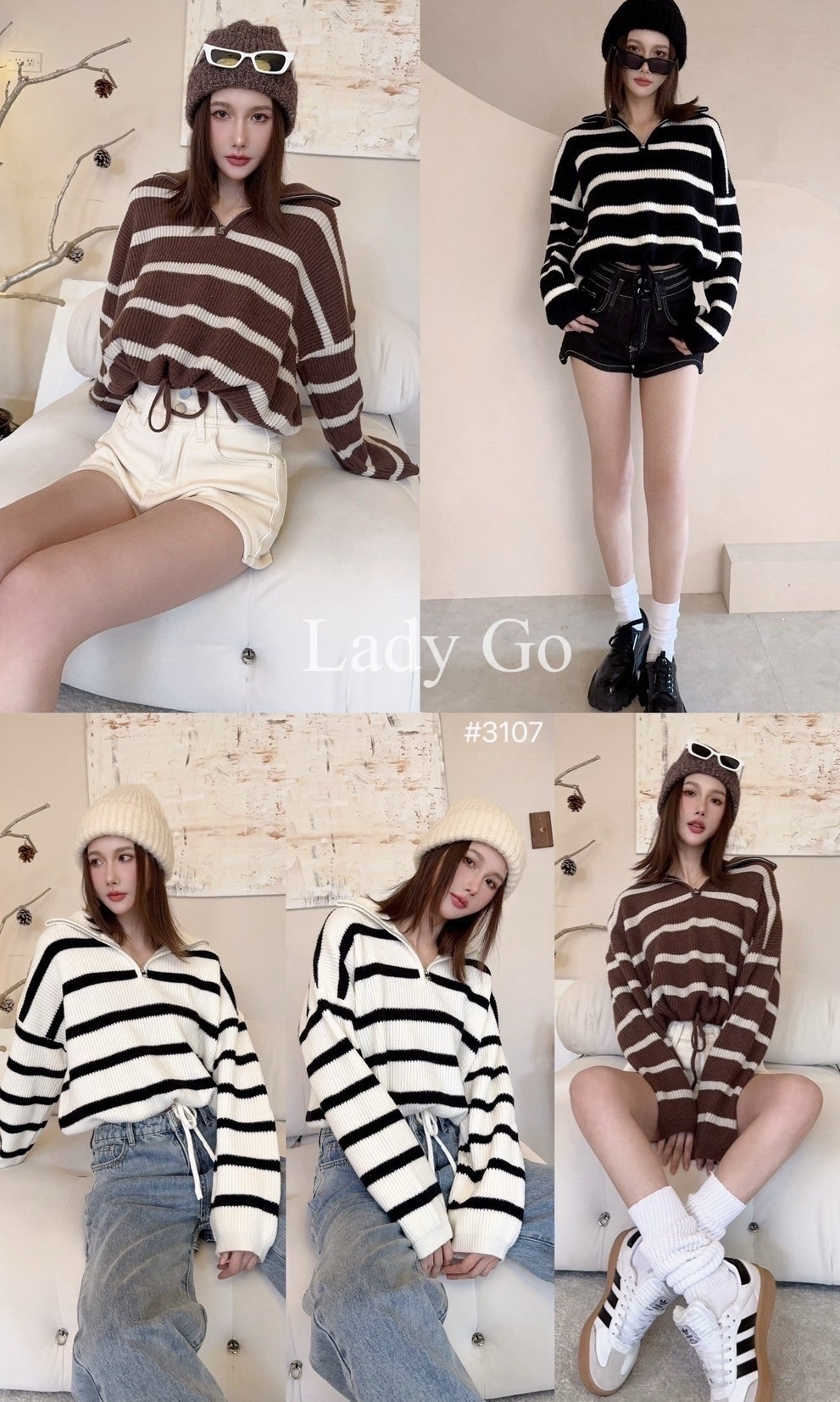 3107 翻領下抽繩條紋針織上衣