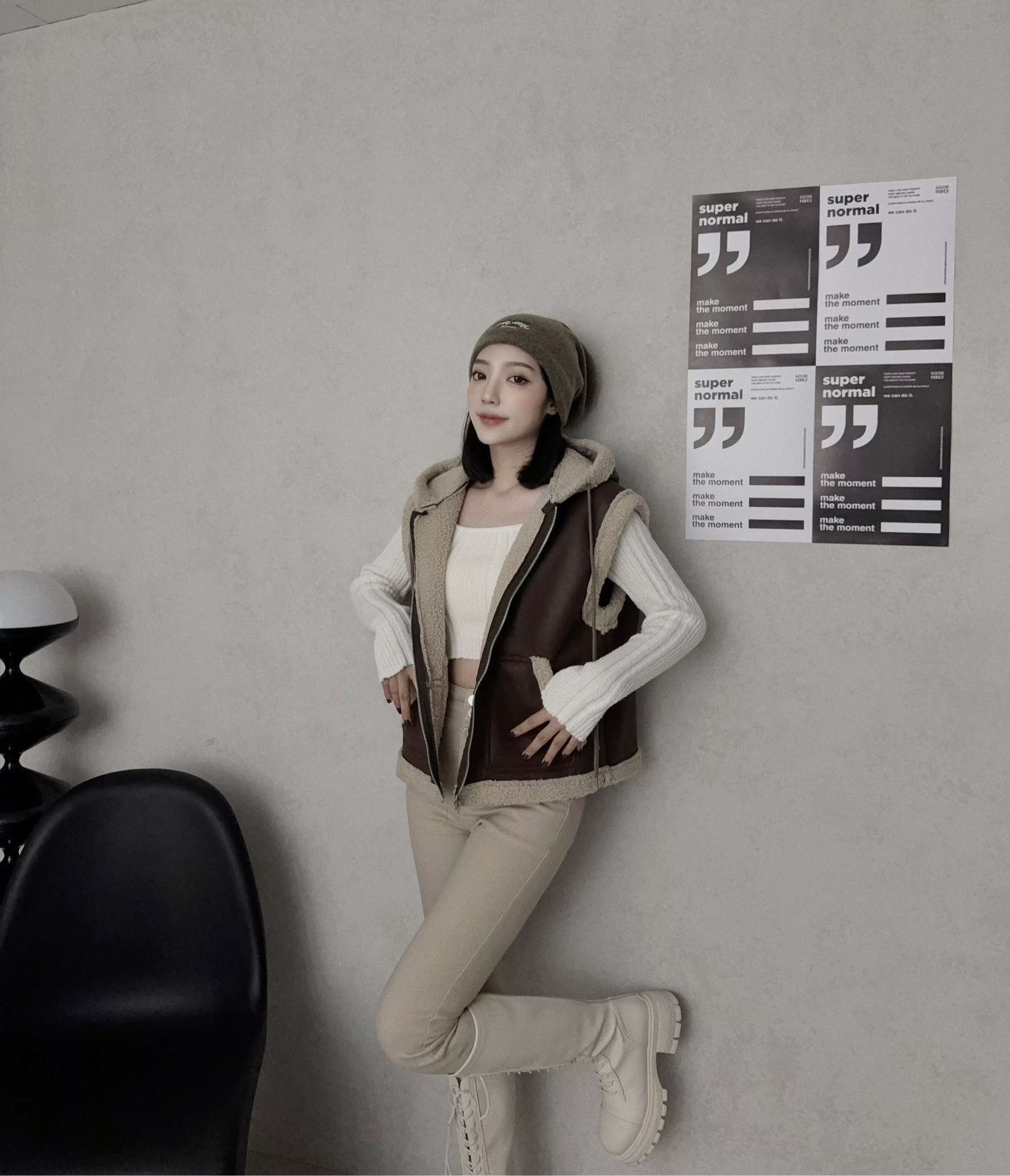 6022『選品』羊羔毛皮拼接連帽背心 (3)